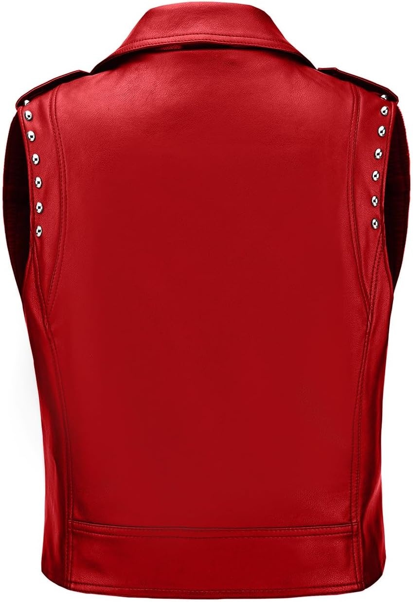 image:imageWomen Faux Leather Vest Rivet Moto Biker Motorcycle Waistcoat soft PU leathercropped slim silhouetterivet buckle decorationchest decorative pocketzip layering vest118 Red