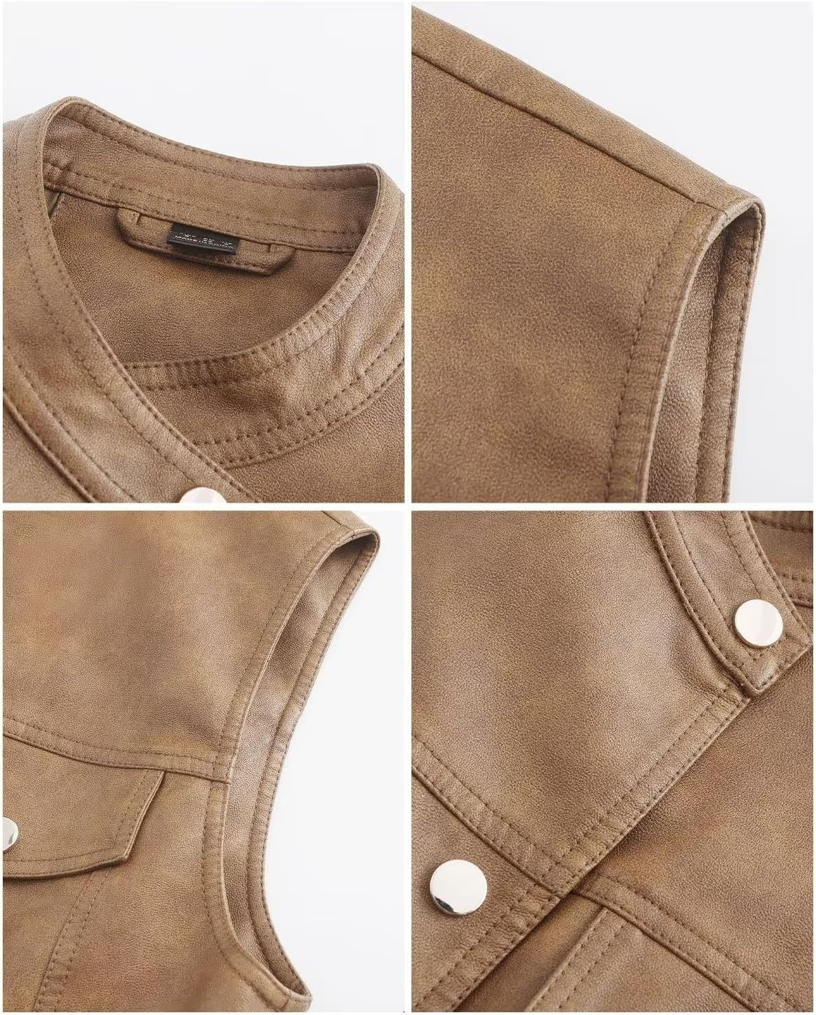 image:imageWomen Faux Leather Vest Rivet Moto Biker Motorcycle Waistcoat soft PU leathercropped slim silhouetterivet buckle decorationchest decorative pocketzip layering vest117 Light Brown