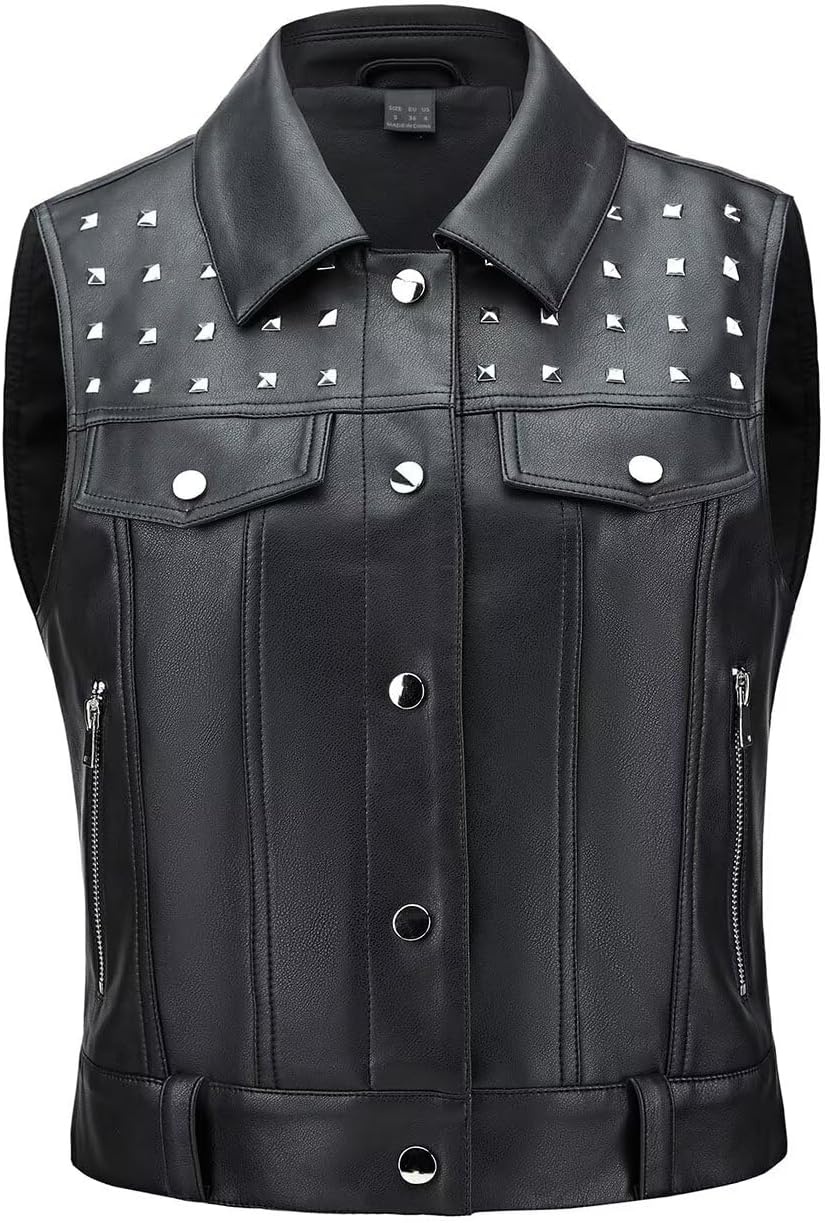 image:imageWomen Faux Leather Vest Rivet Moto Biker Motorcycle Waistcoat soft PU leathercropped slim silhouetterivet buckle decorationchest decorative pocketzip layering vest119 Black