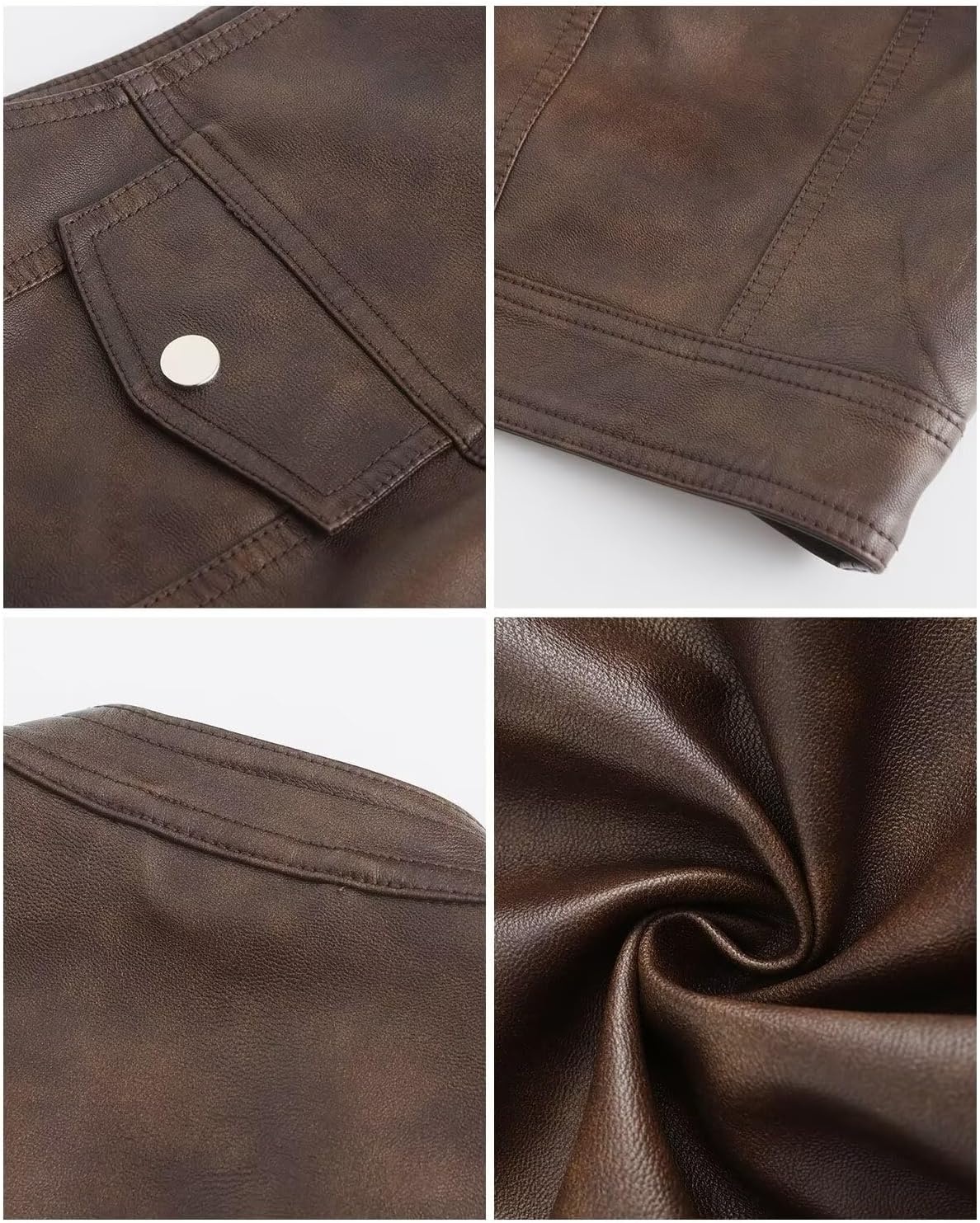 image:imageWomen Faux Leather Vest Rivet Moto Biker Motorcycle Waistcoat soft PU leathercropped slim silhouetterivet buckle decorationchest decorative pocketzip layering vest117 Dark Brown