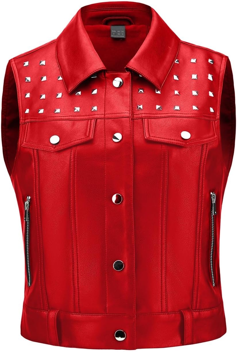 image:imageWomen Faux Leather Vest Rivet Moto Biker Motorcycle Waistcoat soft PU leathercropped slim silhouetterivet buckle decorationchest decorative pocketzip layering vest119 Red