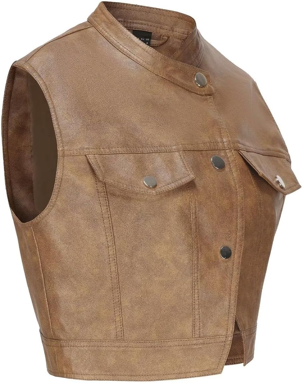 image:imageWomen Faux Leather Vest Rivet Moto Biker Motorcycle Waistcoat soft PU leathercropped slim silhouetterivet buckle decorationchest decorative pocketzip layering vest117 Light Brown