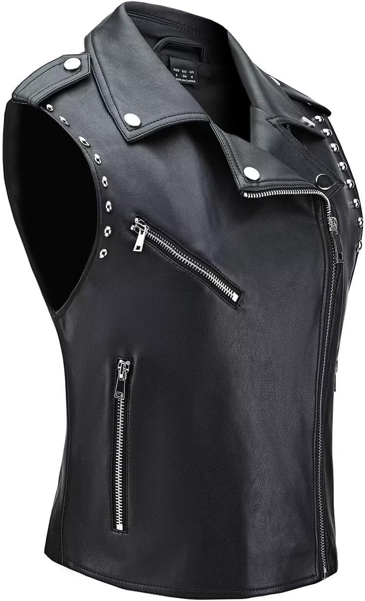 image:imageWomen Faux Leather Vest Rivet Moto Biker Motorcycle Waistcoat soft PU leathercropped slim silhouetterivet buckle decorationchest decorative pocketzip layering vest118 Black
