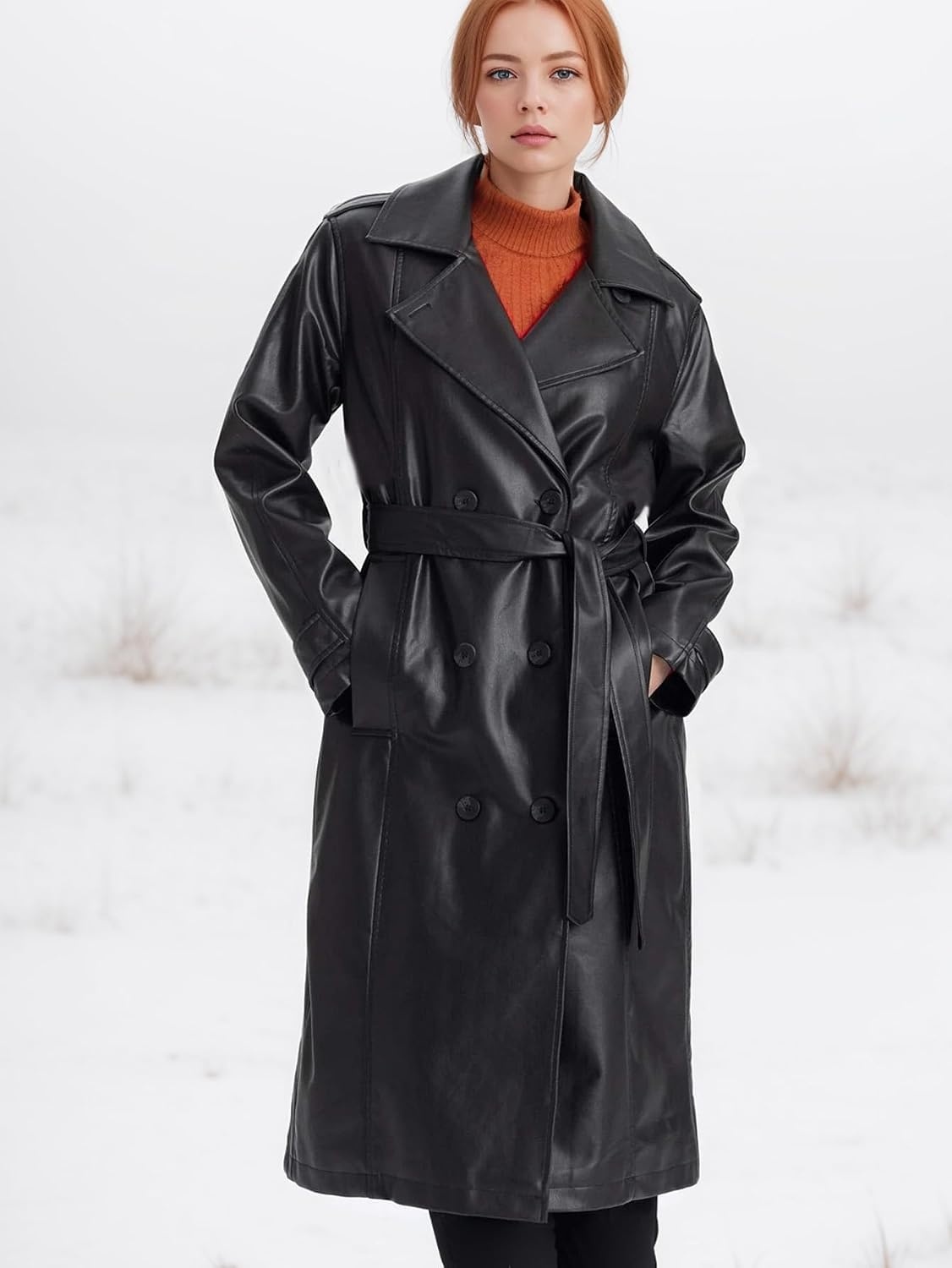 image:imageWomen PU Leather Long Jacket Trench Coat Classic Lapel Coat with Belt