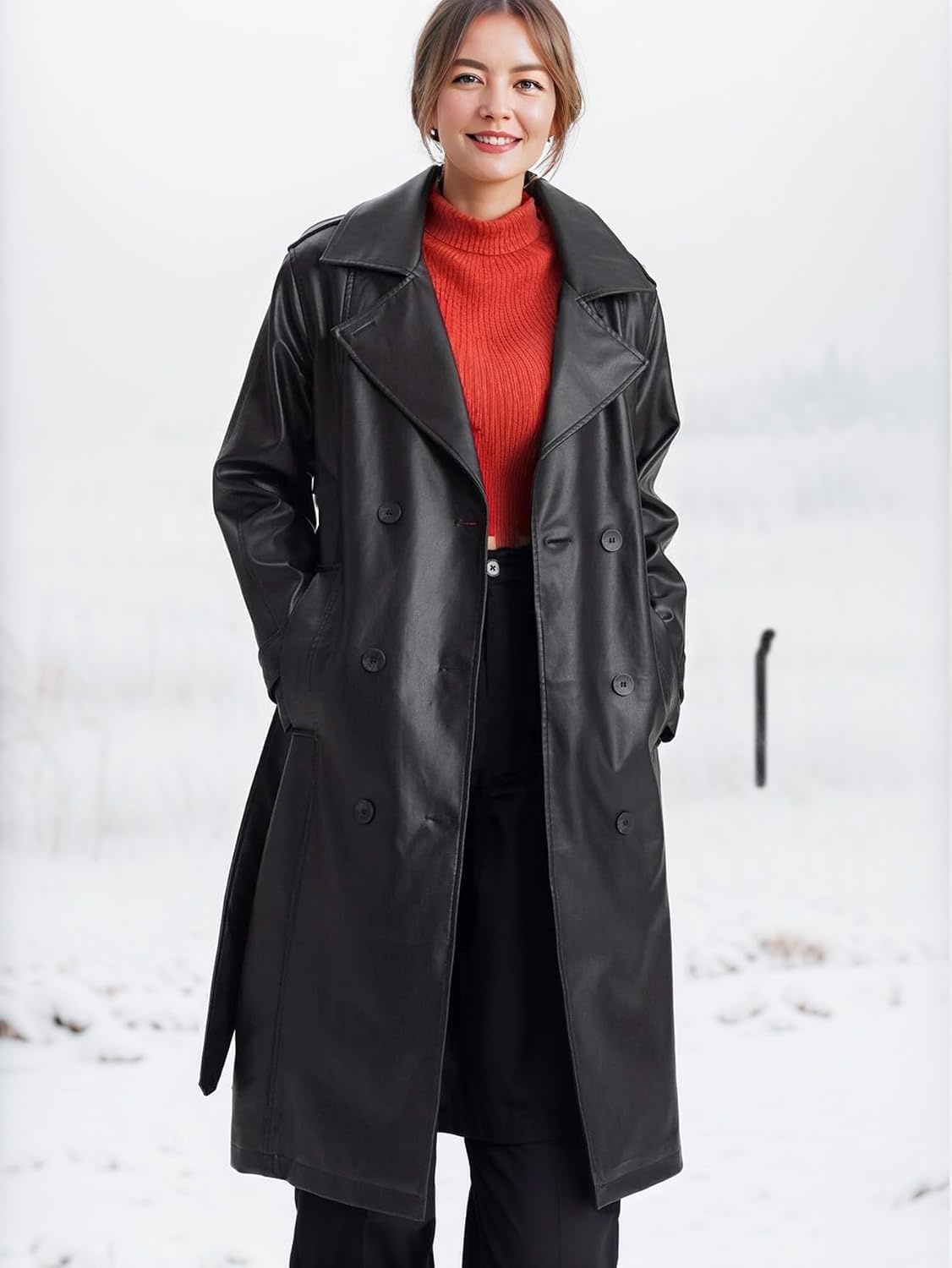 image:imageWomen PU Leather Long Jacket Trench Coat Classic Lapel Coat with Belt