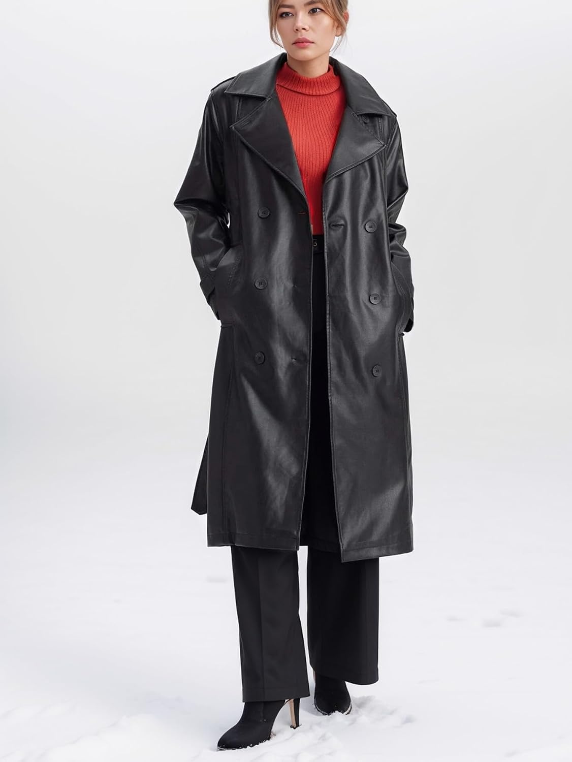 image:imageWomen PU Leather Long Jacket Trench Coat Classic Lapel Coat with Belt