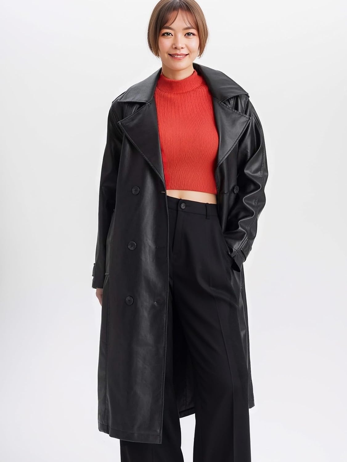 image:imageWomen PU Leather Long Jacket Trench Coat Classic Lapel Coat with Belt
