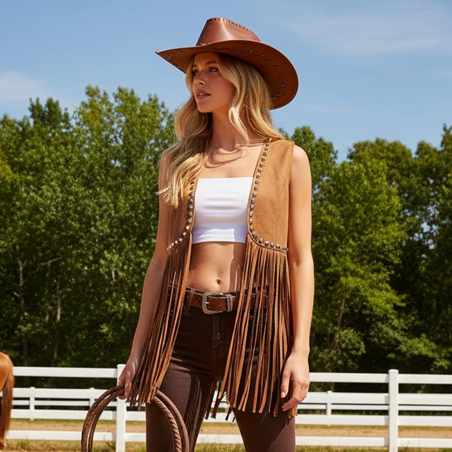 image:imageWomen Tassel Studded Vest Sleeveless Flowy Fringe Jacket 60s 70s Faux Suede Gilet Coat Western Cowgirl Vintage TopsAbrown