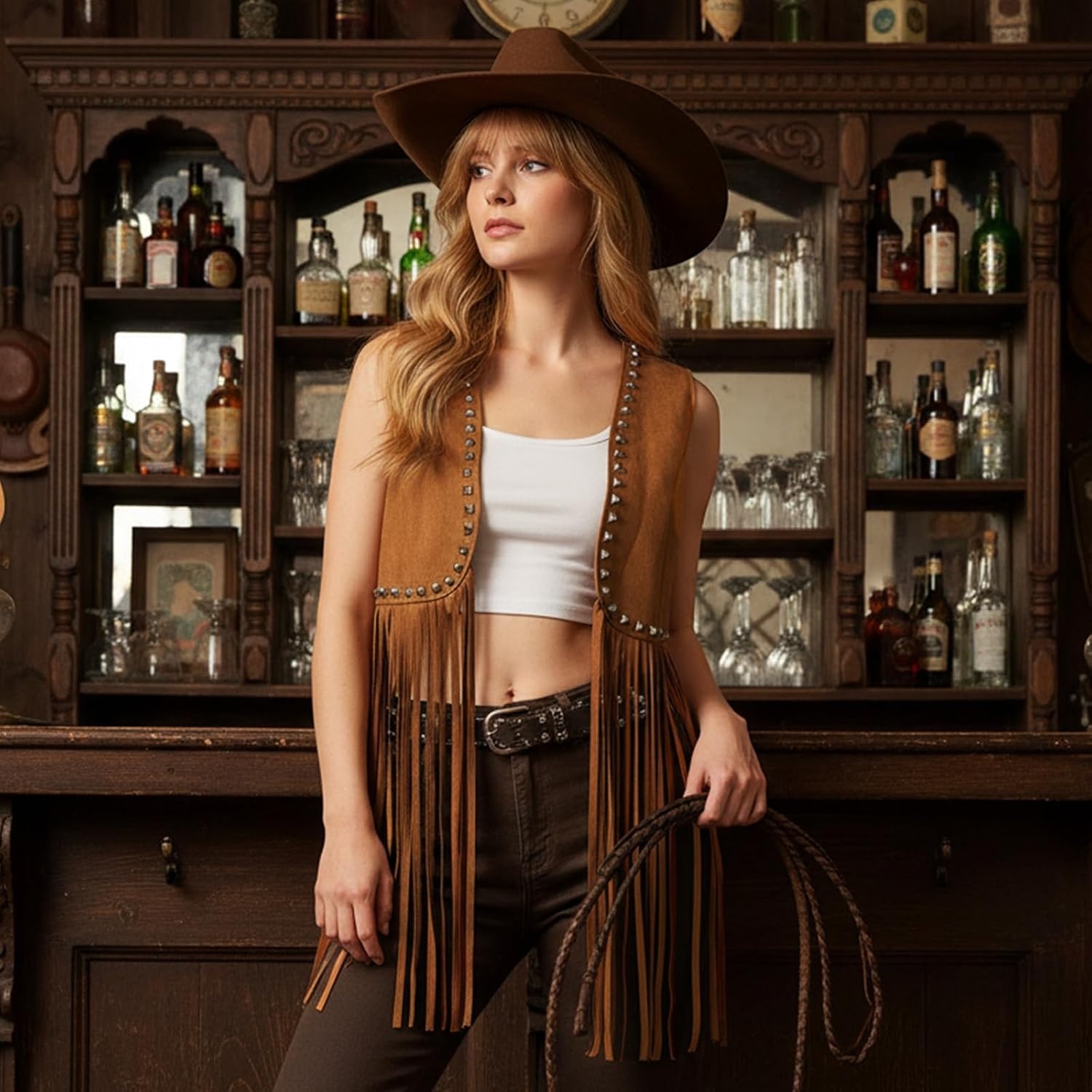 image:imageWomen Tassel Studded Vest Sleeveless Flowy Fringe Jacket 60s 70s Faux Suede Gilet Coat Western Cowgirl Vintage TopsAbrown