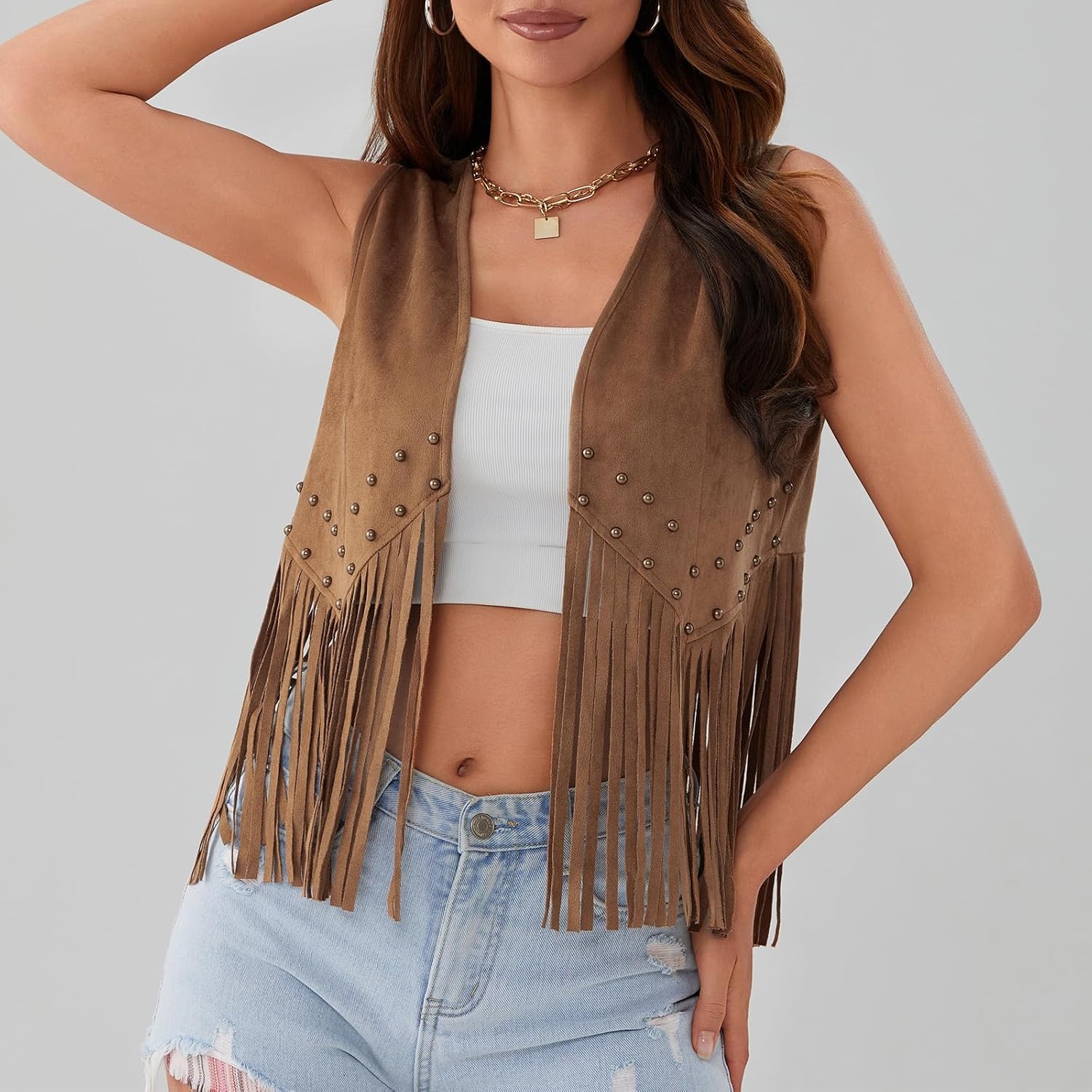image:imageWomen Tassel Studded Vest Sleeveless Flowy Fringe Jacket 60s 70s Faux Suede Gilet Coat Western Cowgirl Vintage TopsBcamel
