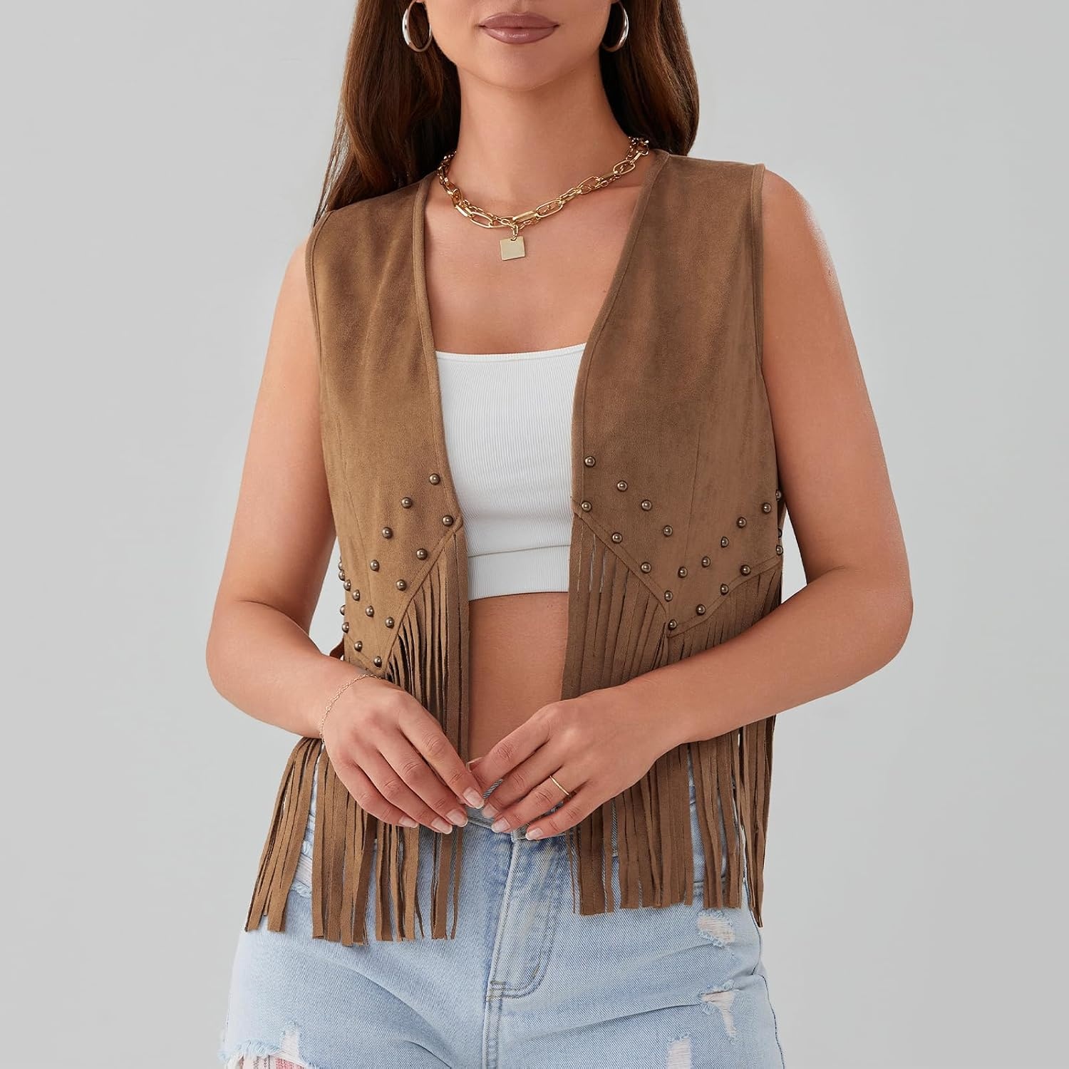 image:imageWomen Tassel Studded Vest Sleeveless Flowy Fringe Jacket 60s 70s Faux Suede Gilet Coat Western Cowgirl Vintage TopsBcamel