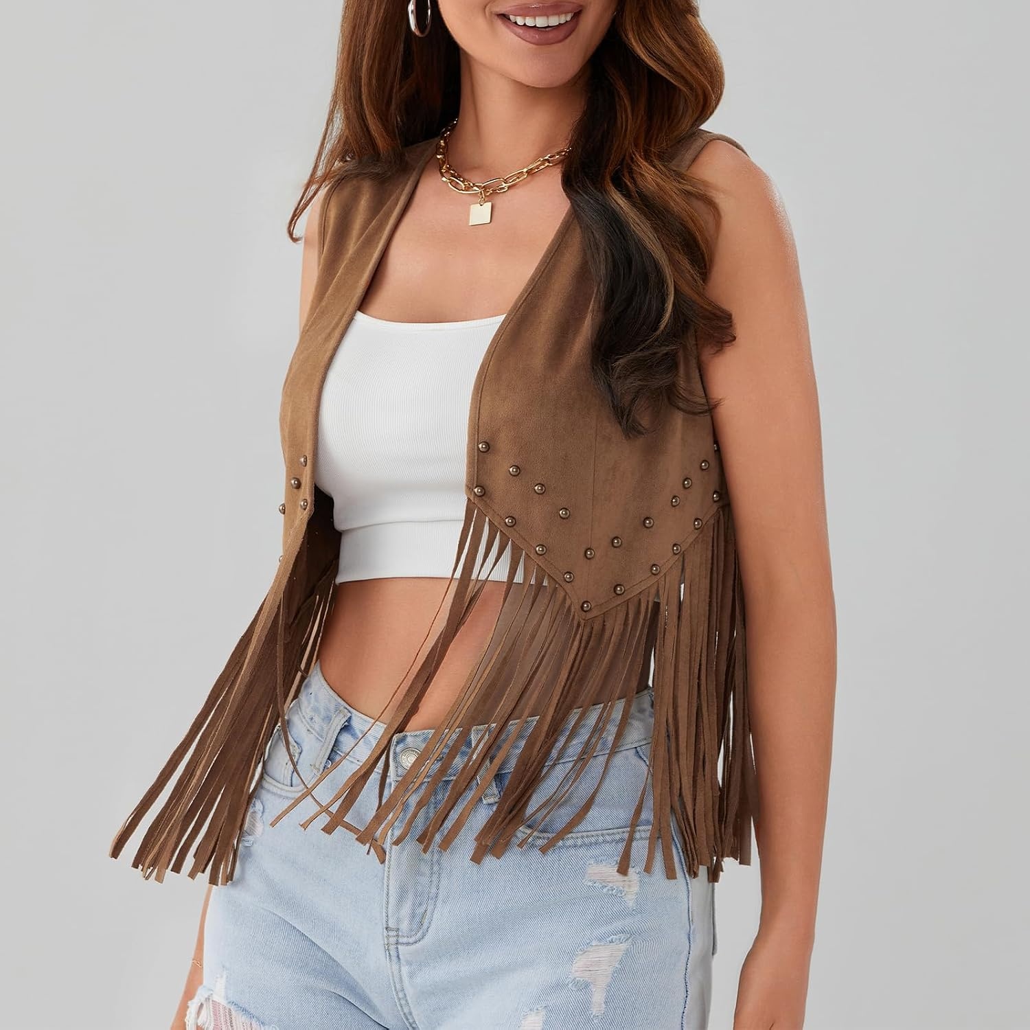 image:imageWomen Tassel Studded Vest Sleeveless Flowy Fringe Jacket 60s 70s Faux Suede Gilet Coat Western Cowgirl Vintage TopsBcamel