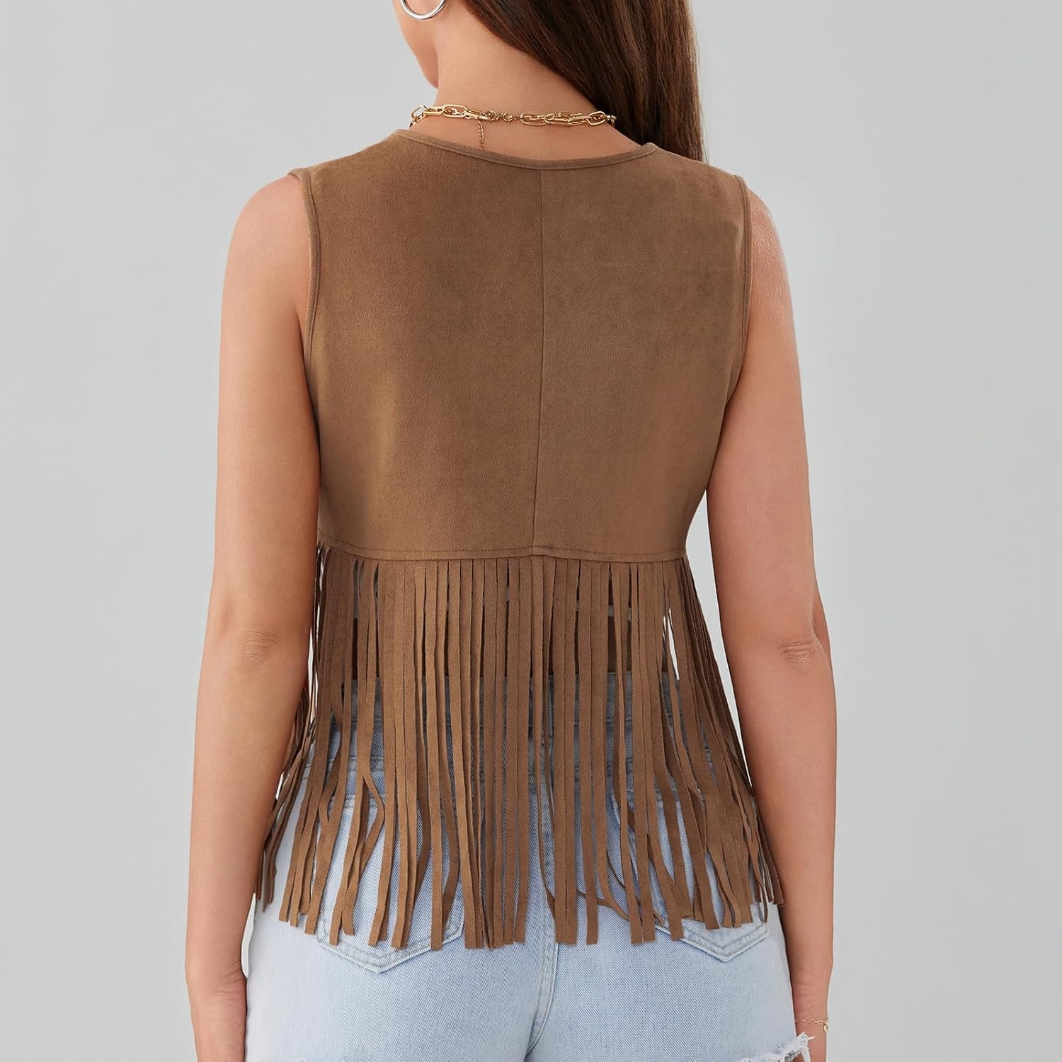 image:imageWomen Tassel Studded Vest Sleeveless Flowy Fringe Jacket 60s 70s Faux Suede Gilet Coat Western Cowgirl Vintage TopsBcamel