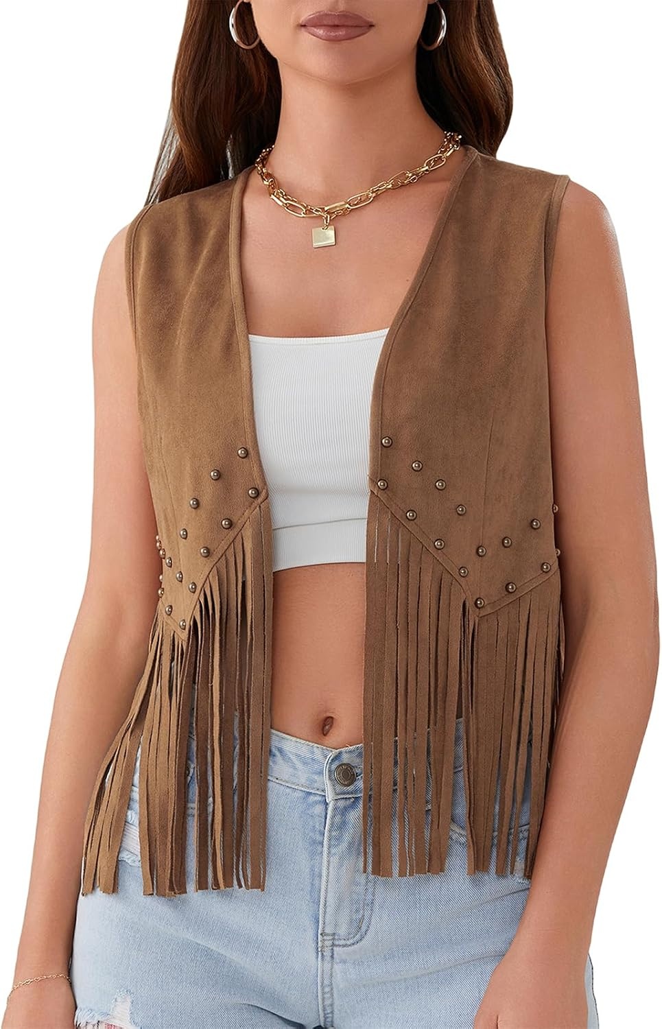 image:imageWomen Tassel Studded Vest Sleeveless Flowy Fringe Jacket 60s 70s Faux Suede Gilet Coat Western Cowgirl Vintage TopsBcamel