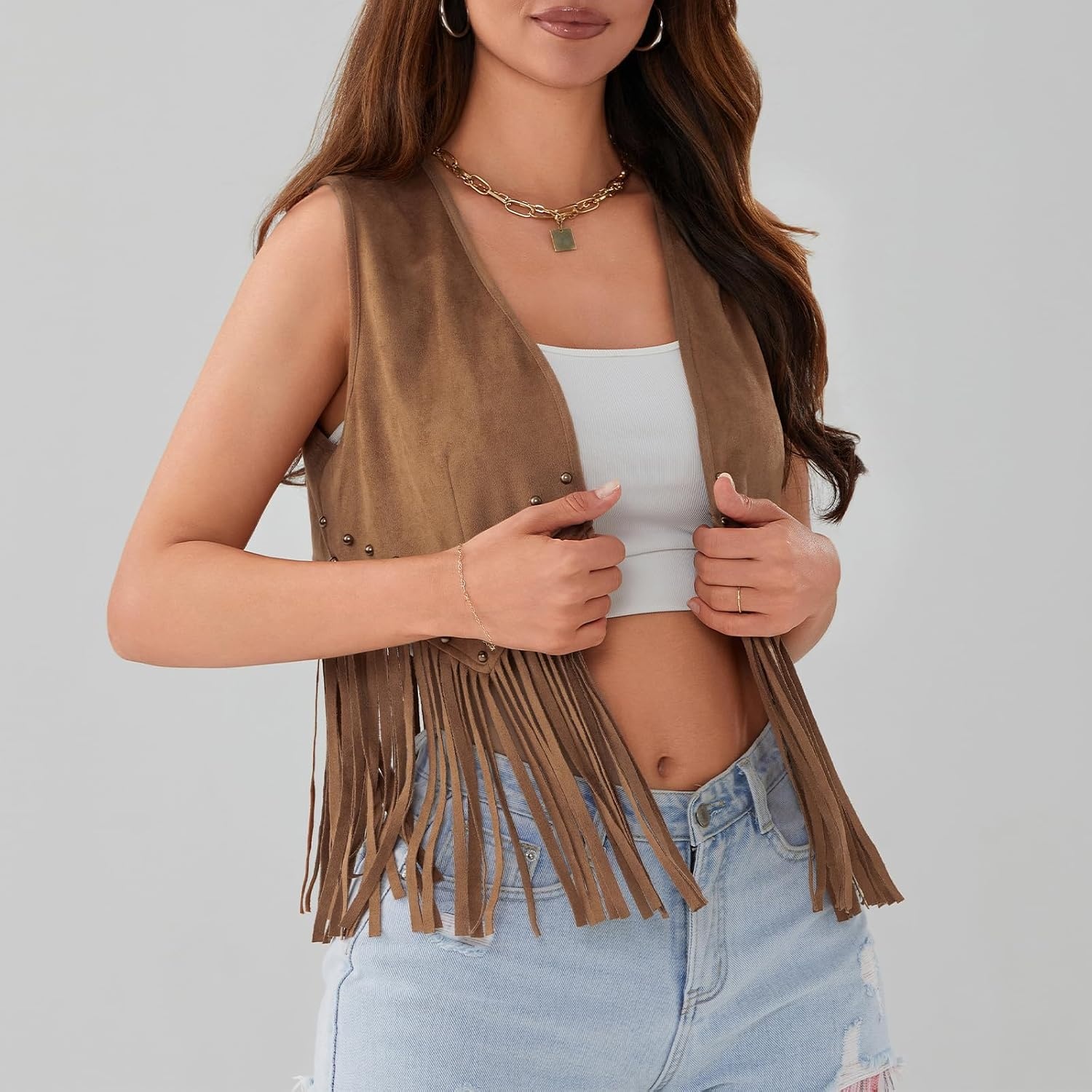 image:imageWomen Tassel Studded Vest Sleeveless Flowy Fringe Jacket 60s 70s Faux Suede Gilet Coat Western Cowgirl Vintage TopsBcamel