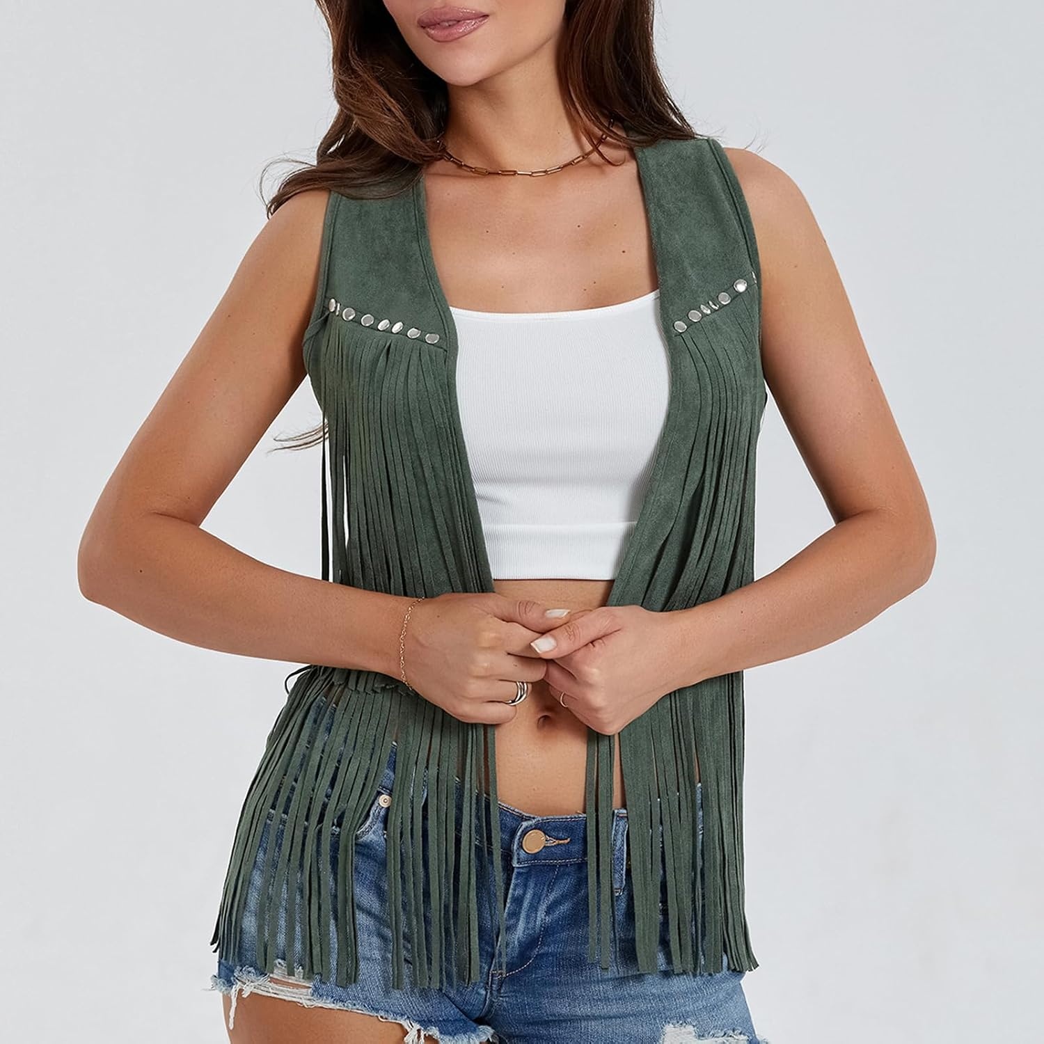 image:imageWomen Tassel Studded Vest Sleeveless Flowy Fringe Jacket 60s 70s Faux Suede Gilet Coat Western Cowgirl Vintage TopsCarmy Green