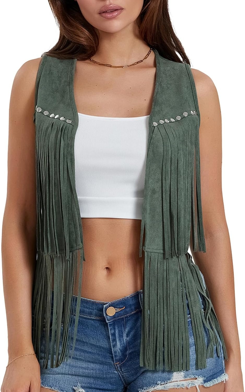 image:imageWomen Tassel Studded Vest Sleeveless Flowy Fringe Jacket 60s 70s Faux Suede Gilet Coat Western Cowgirl Vintage TopsCarmy Green
