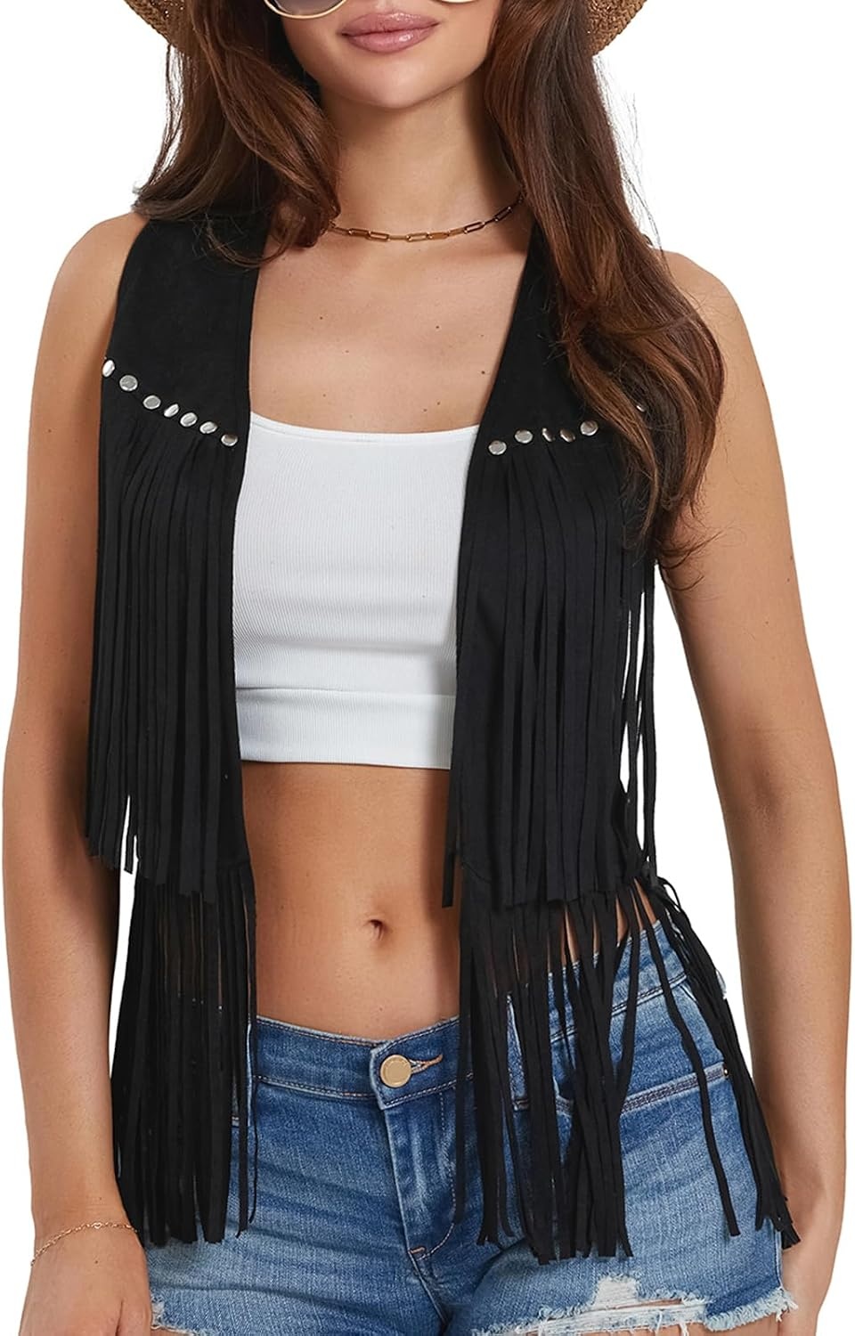 image:imageWomen Tassel Studded Vest Sleeveless Flowy Fringe Jacket 60s 70s Faux Suede Gilet Coat Western Cowgirl Vintage TopsCblack