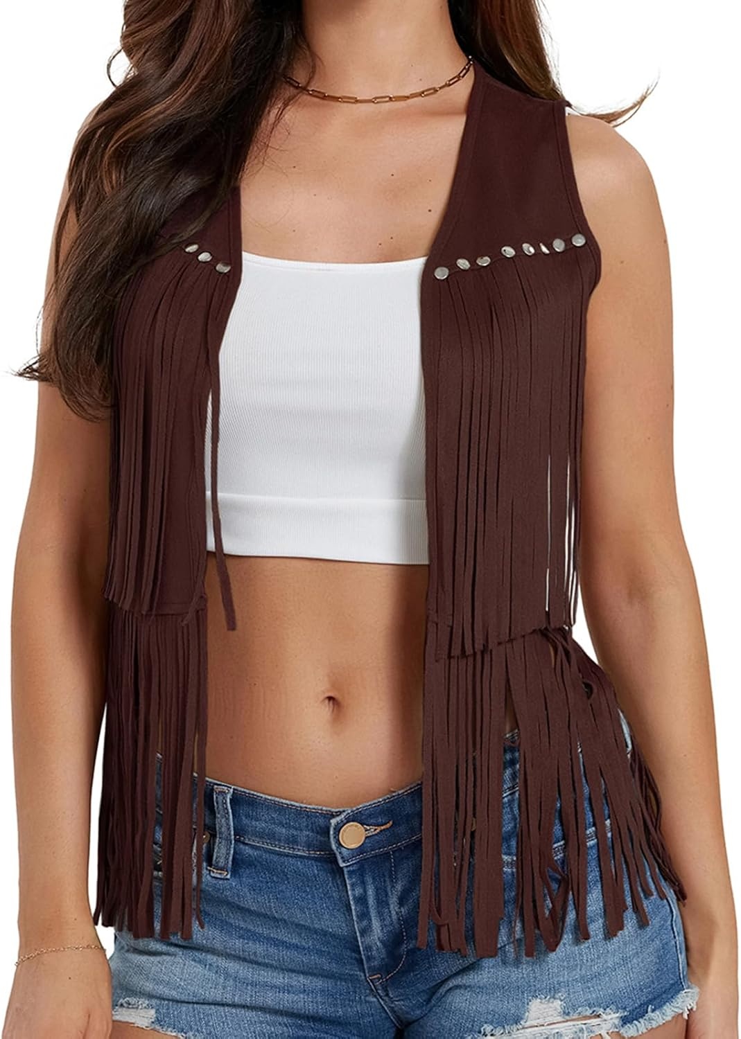 image:imageWomen Tassel Studded Vest Sleeveless Flowy Fringe Jacket 60s 70s Faux Suede Gilet Coat Western Cowgirl Vintage TopsCdark Brown