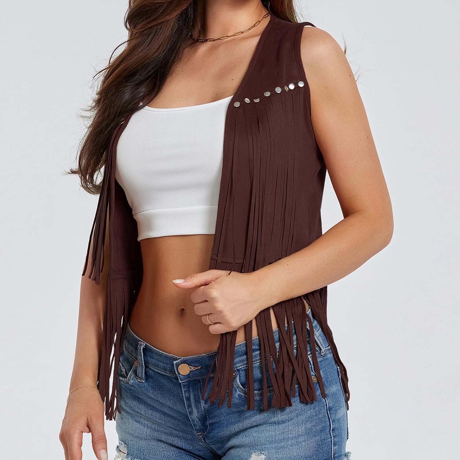 image:imageWomen Tassel Studded Vest Sleeveless Flowy Fringe Jacket 60s 70s Faux Suede Gilet Coat Western Cowgirl Vintage TopsCdark Brown