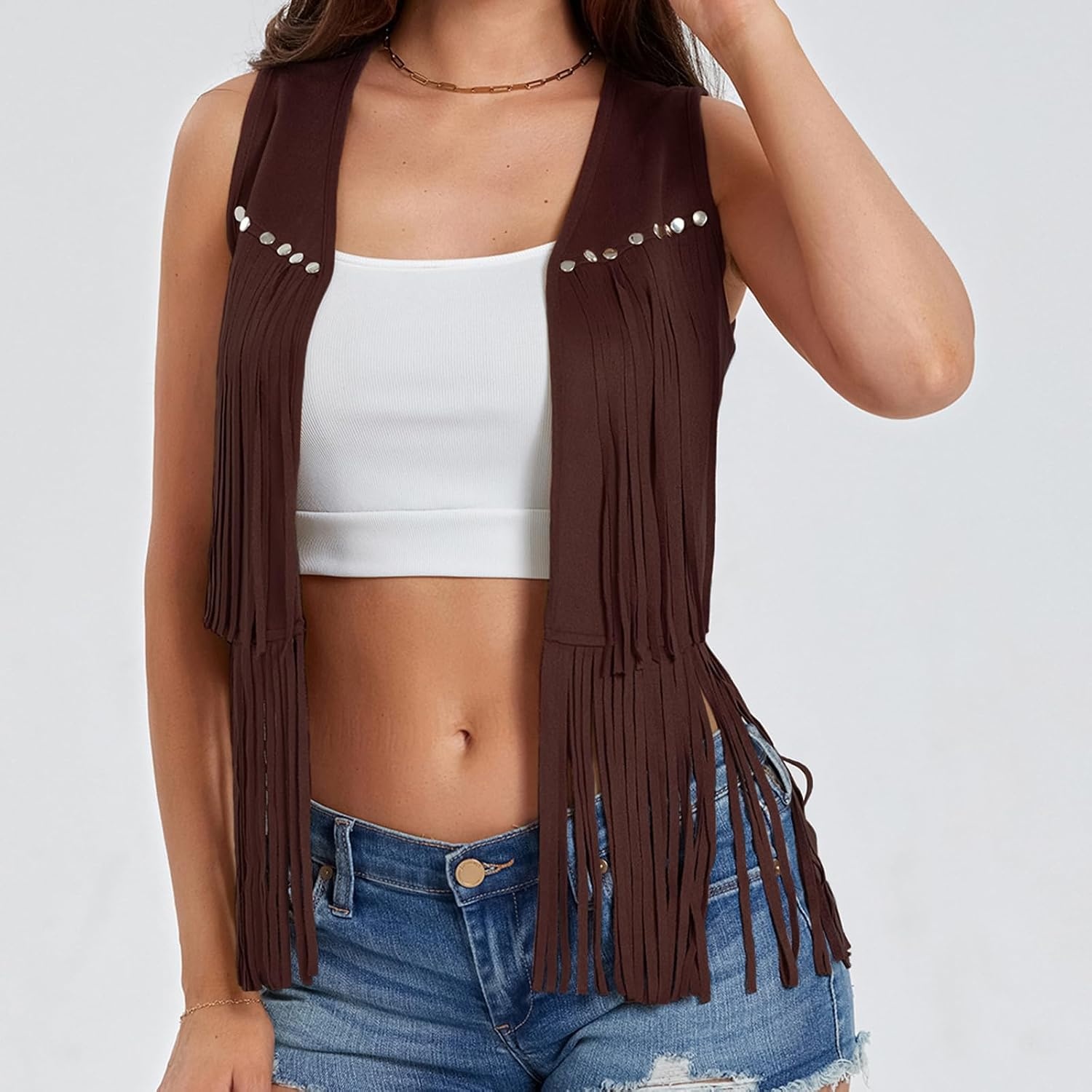 image:imageWomen Tassel Studded Vest Sleeveless Flowy Fringe Jacket 60s 70s Faux Suede Gilet Coat Western Cowgirl Vintage TopsCdark Brown