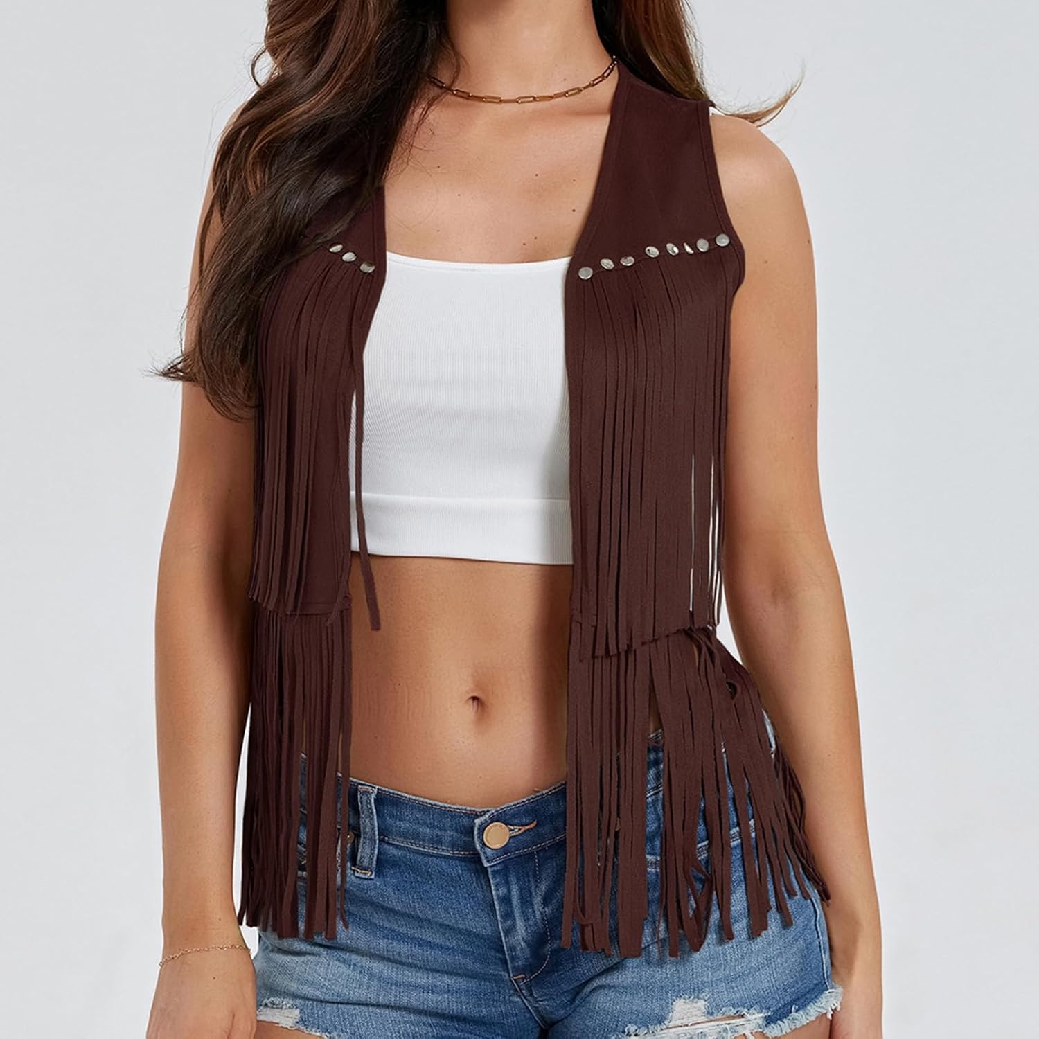 image:imageWomen Tassel Studded Vest Sleeveless Flowy Fringe Jacket 60s 70s Faux Suede Gilet Coat Western Cowgirl Vintage TopsCdark Brown