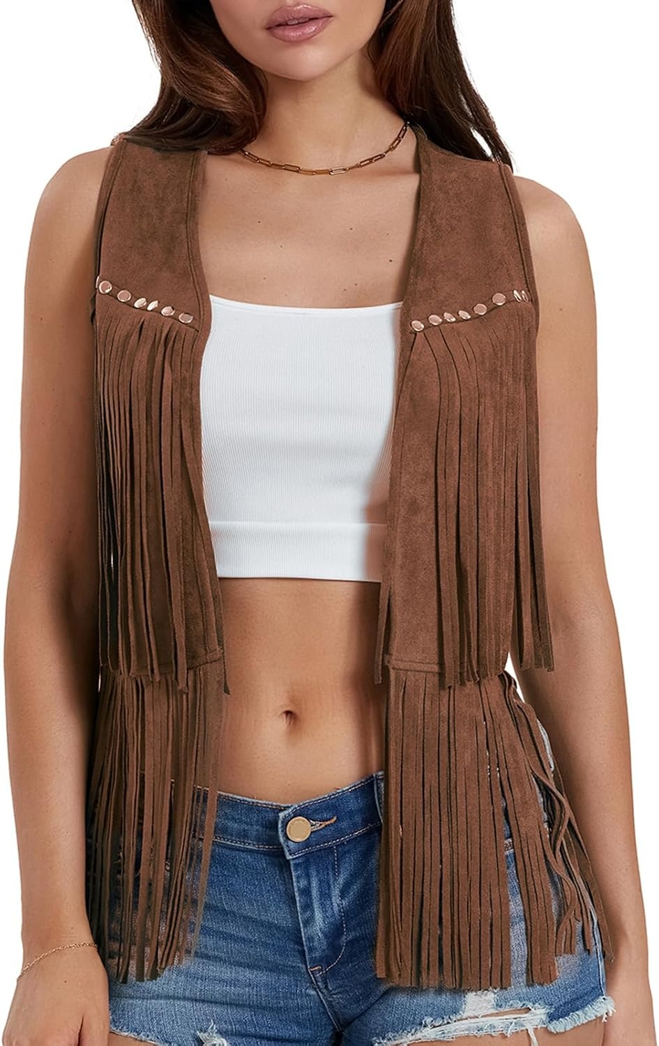 image:imageWomen Tassel Studded Vest Sleeveless Flowy Fringe Jacket 60s 70s Faux Suede Gilet Coat Western Cowgirl Vintage TopsCdark Brown