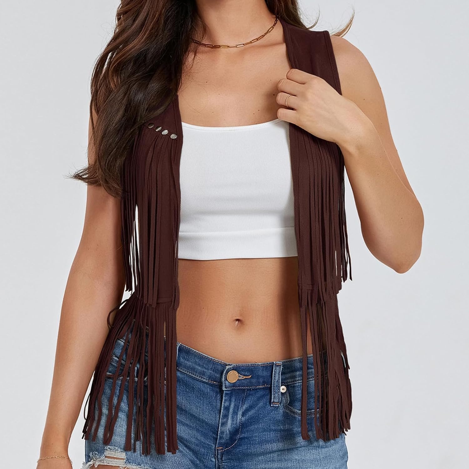 image:imageWomen Tassel Studded Vest Sleeveless Flowy Fringe Jacket 60s 70s Faux Suede Gilet Coat Western Cowgirl Vintage TopsCdark Brown