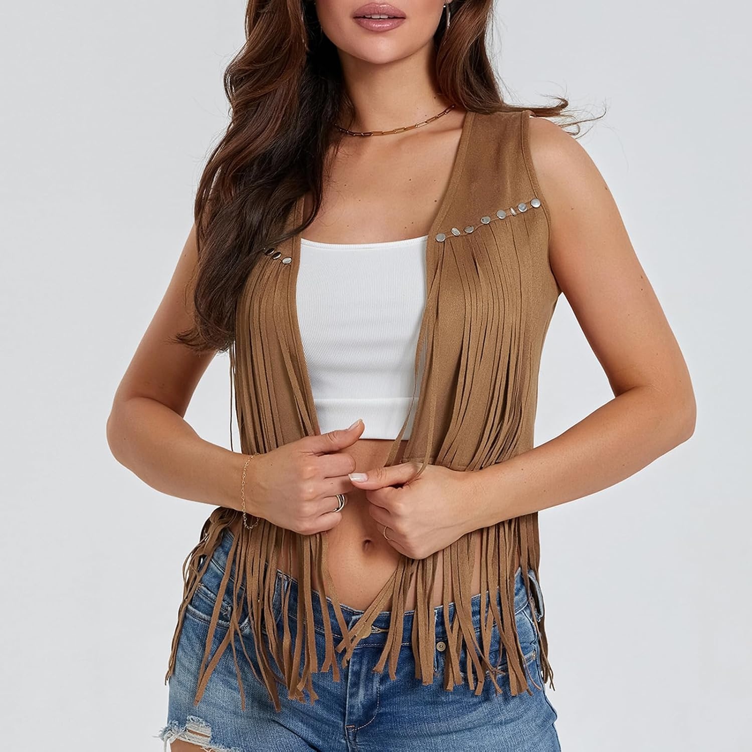 image:imageWomen Tassel Studded Vest Sleeveless Flowy Fringe Jacket 60s 70s Faux Suede Gilet Coat Western Cowgirl Vintage TopsCkhaki