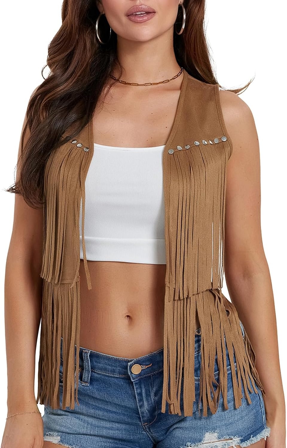 image:imageWomen Tassel Studded Vest Sleeveless Flowy Fringe Jacket 60s 70s Faux Suede Gilet Coat Western Cowgirl Vintage TopsCkhaki