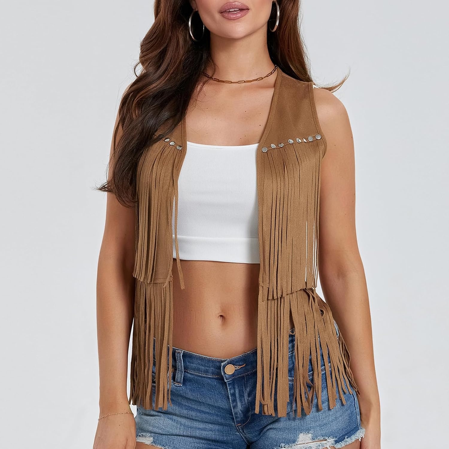 image:imageWomen Tassel Studded Vest Sleeveless Flowy Fringe Jacket 60s 70s Faux Suede Gilet Coat Western Cowgirl Vintage TopsCkhaki