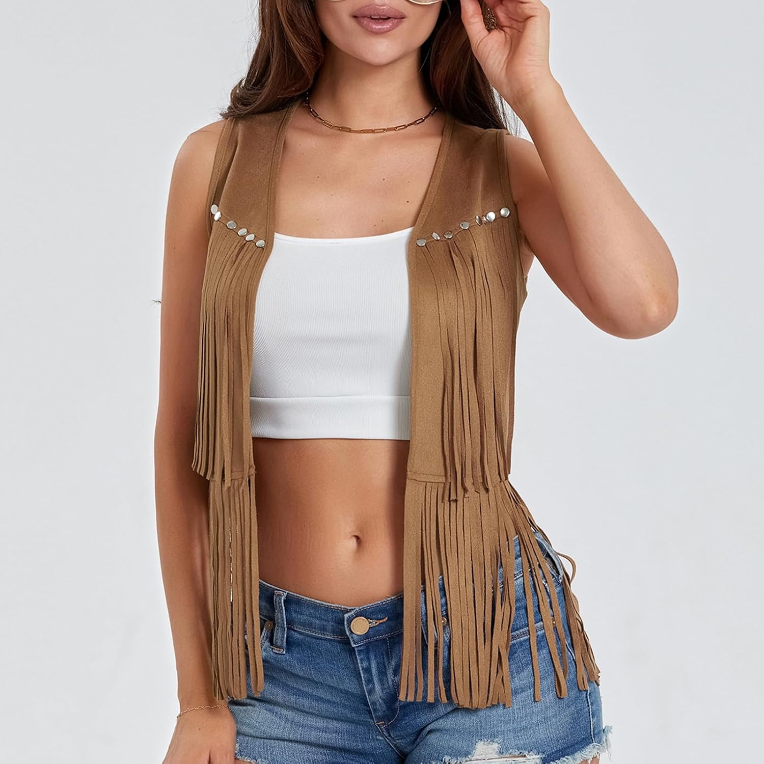 image:imageWomen Tassel Studded Vest Sleeveless Flowy Fringe Jacket 60s 70s Faux Suede Gilet Coat Western Cowgirl Vintage TopsCkhaki
