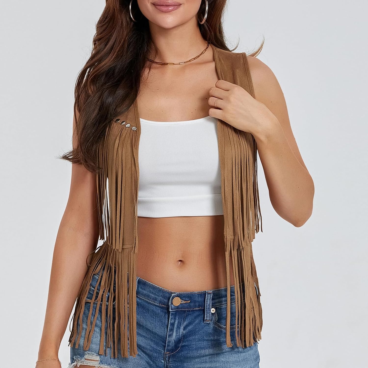 image:imageWomen Tassel Studded Vest Sleeveless Flowy Fringe Jacket 60s 70s Faux Suede Gilet Coat Western Cowgirl Vintage TopsCkhaki