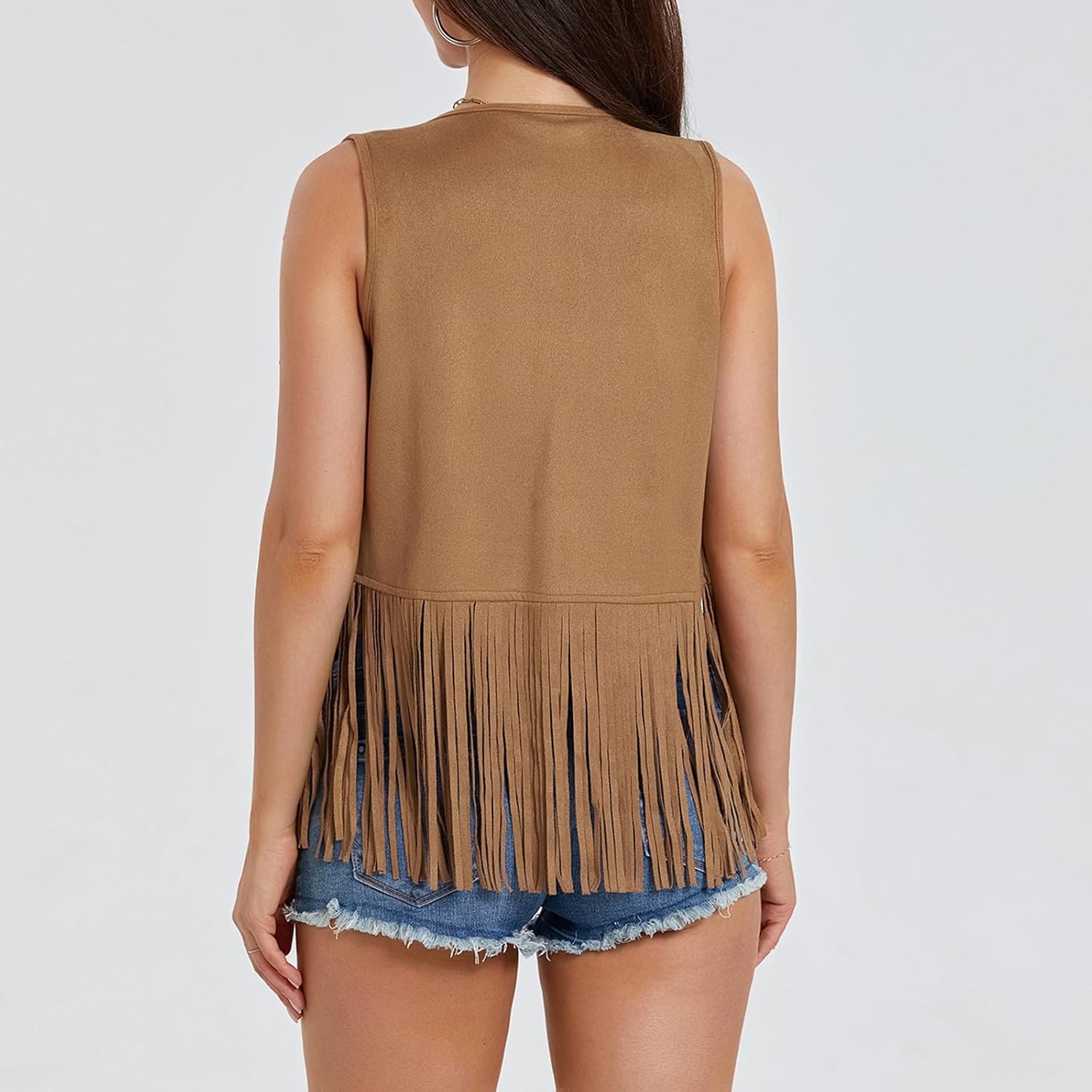 image:imageWomen Tassel Studded Vest Sleeveless Flowy Fringe Jacket 60s 70s Faux Suede Gilet Coat Western Cowgirl Vintage TopsCkhaki