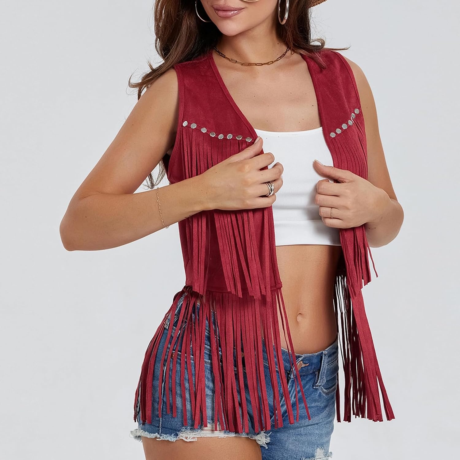 image:imageWomen Tassel Studded Vest Sleeveless Flowy Fringe Jacket 60s 70s Faux Suede Gilet Coat Western Cowgirl Vintage TopsCred