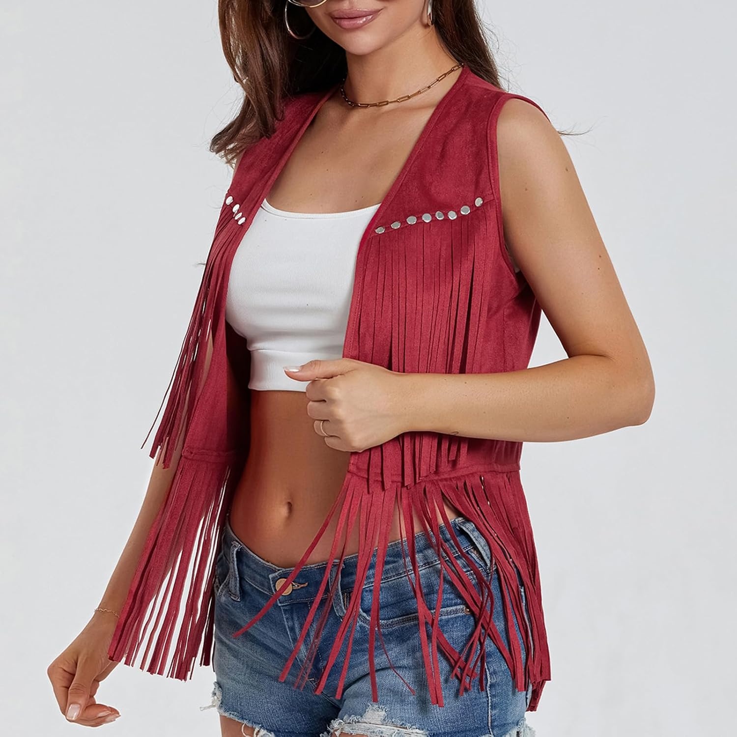 image:imageWomen Tassel Studded Vest Sleeveless Flowy Fringe Jacket 60s 70s Faux Suede Gilet Coat Western Cowgirl Vintage TopsCred