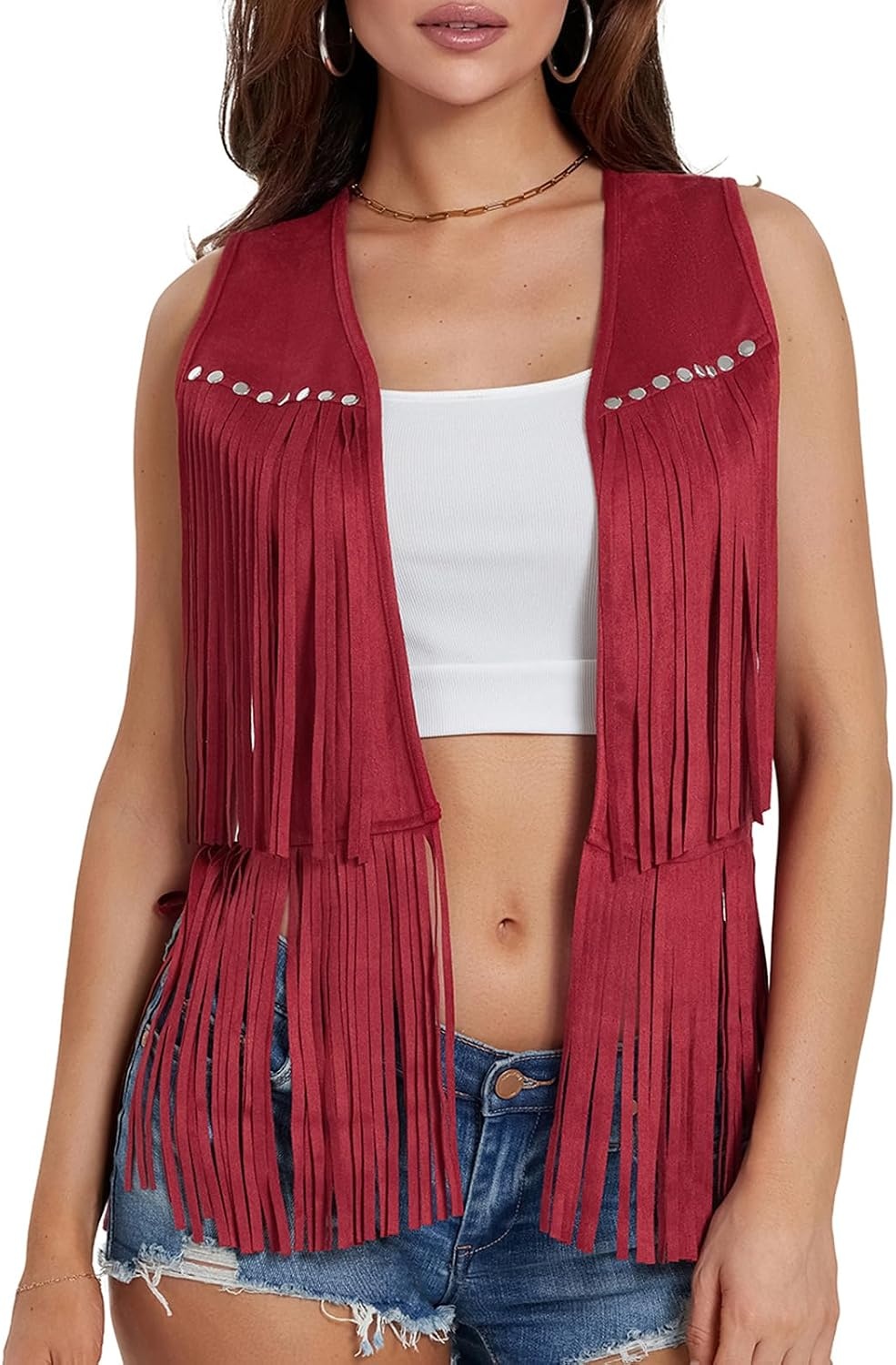 image:imageWomen Tassel Studded Vest Sleeveless Flowy Fringe Jacket 60s 70s Faux Suede Gilet Coat Western Cowgirl Vintage TopsCred