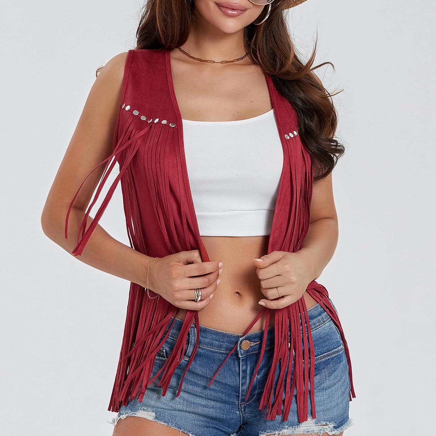 image:imageWomen Tassel Studded Vest Sleeveless Flowy Fringe Jacket 60s 70s Faux Suede Gilet Coat Western Cowgirl Vintage TopsCred