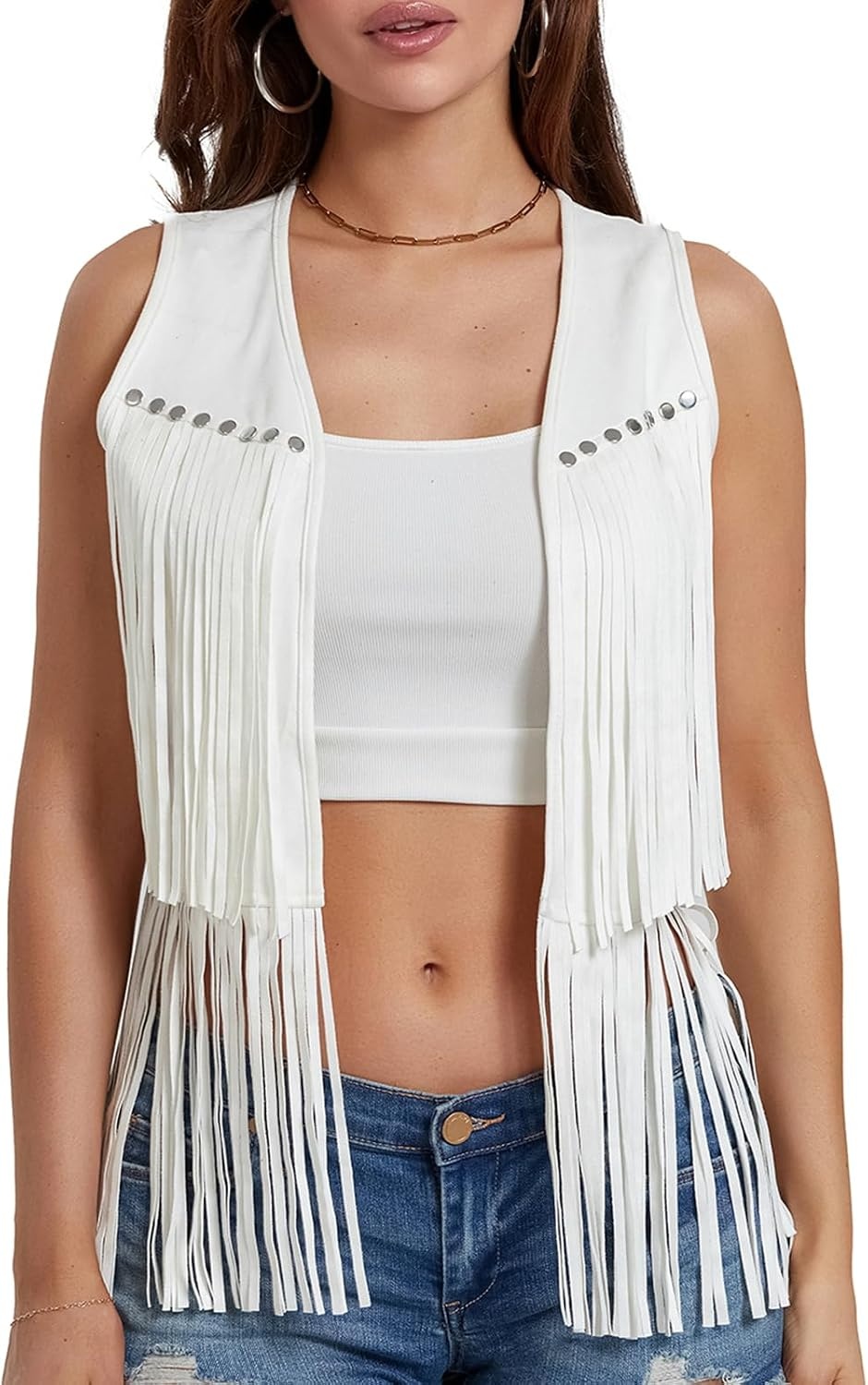 image:imageWomen Tassel Studded Vest Sleeveless Flowy Fringe Jacket 60s 70s Faux Suede Gilet Coat Western Cowgirl Vintage TopsCwhite