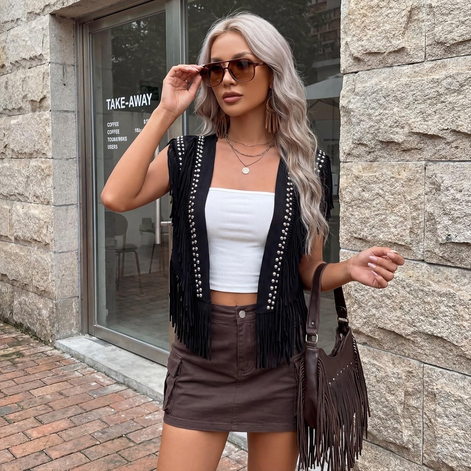 image:imageWomen Tassel Studded Vest Sleeveless Flowy Fringe Jacket 60s 70s Faux Suede Gilet Coat Western Cowgirl Vintage TopsDblack