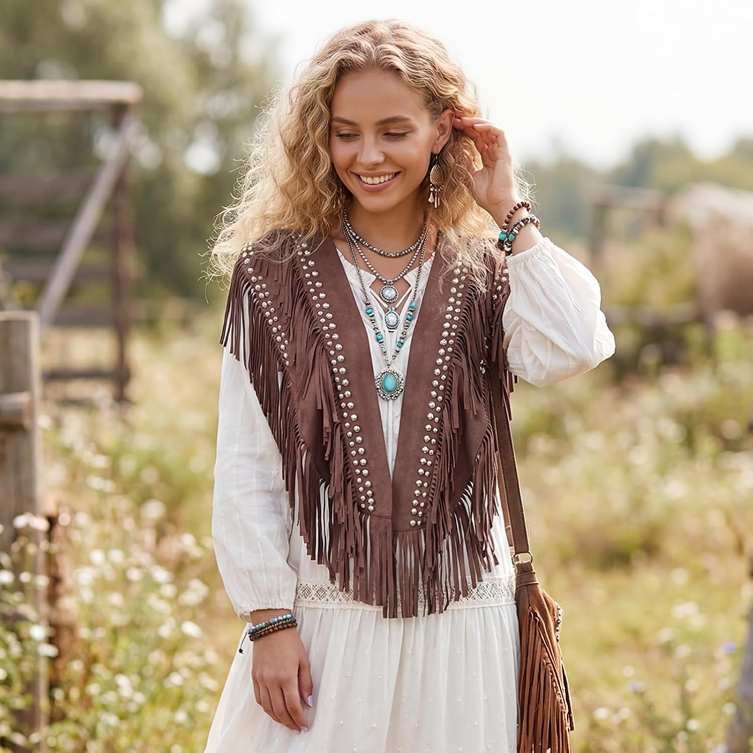 image:imageWomen Tassel Studded Vest Sleeveless Flowy Fringe Jacket 60s 70s Faux Suede Gilet Coat Western Cowgirl Vintage TopsDdark Brown
