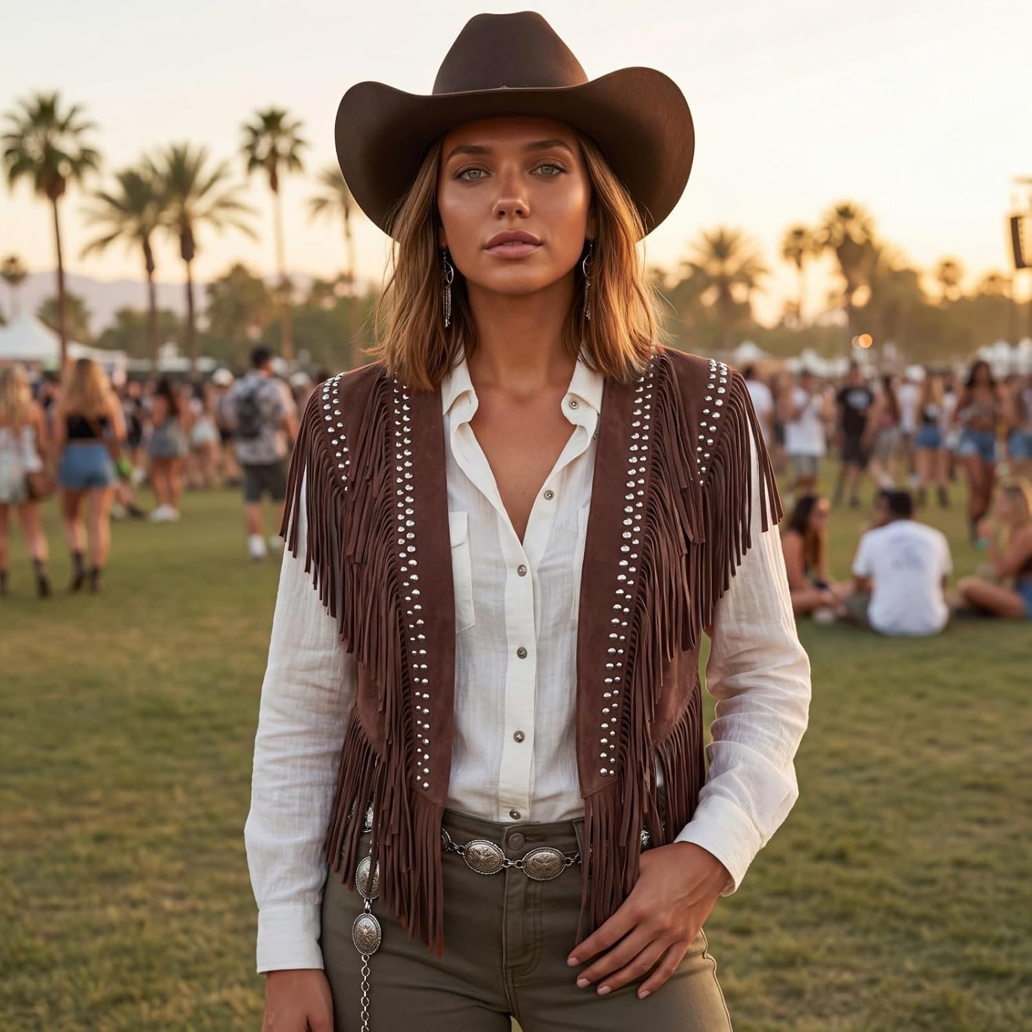 image:imageWomen Tassel Studded Vest Sleeveless Flowy Fringe Jacket 60s 70s Faux Suede Gilet Coat Western Cowgirl Vintage TopsDdark Brown