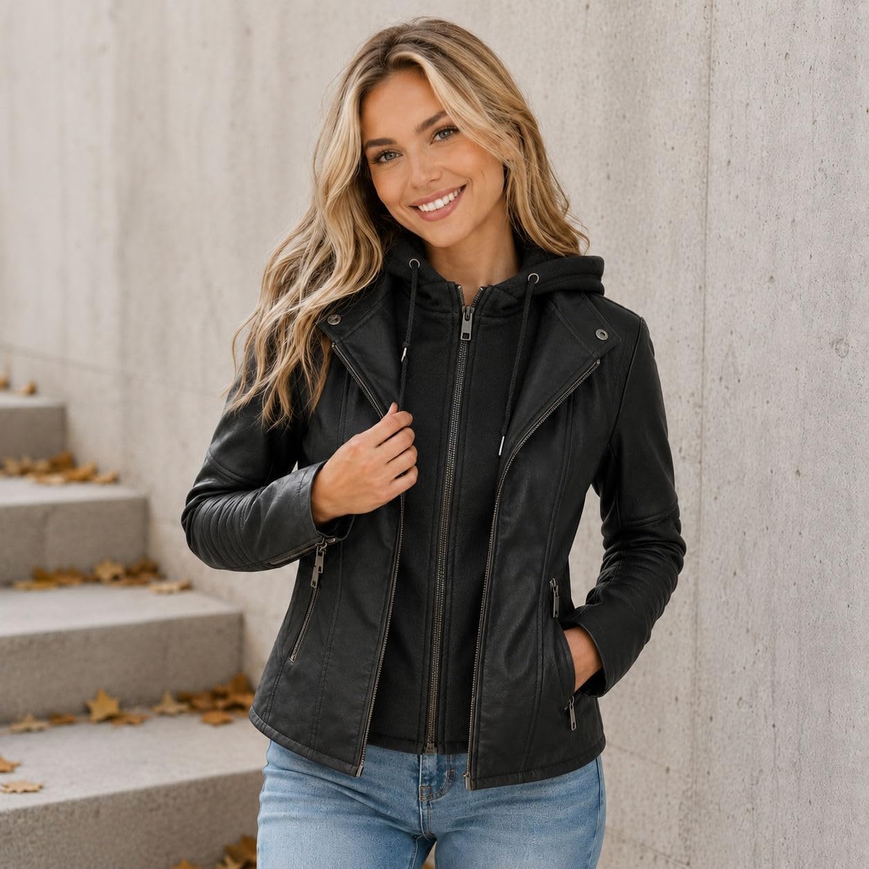 image:imageWomens Cropped Faux Leather Jacket with Removable Hood and Ribbed Side PanelsBlack