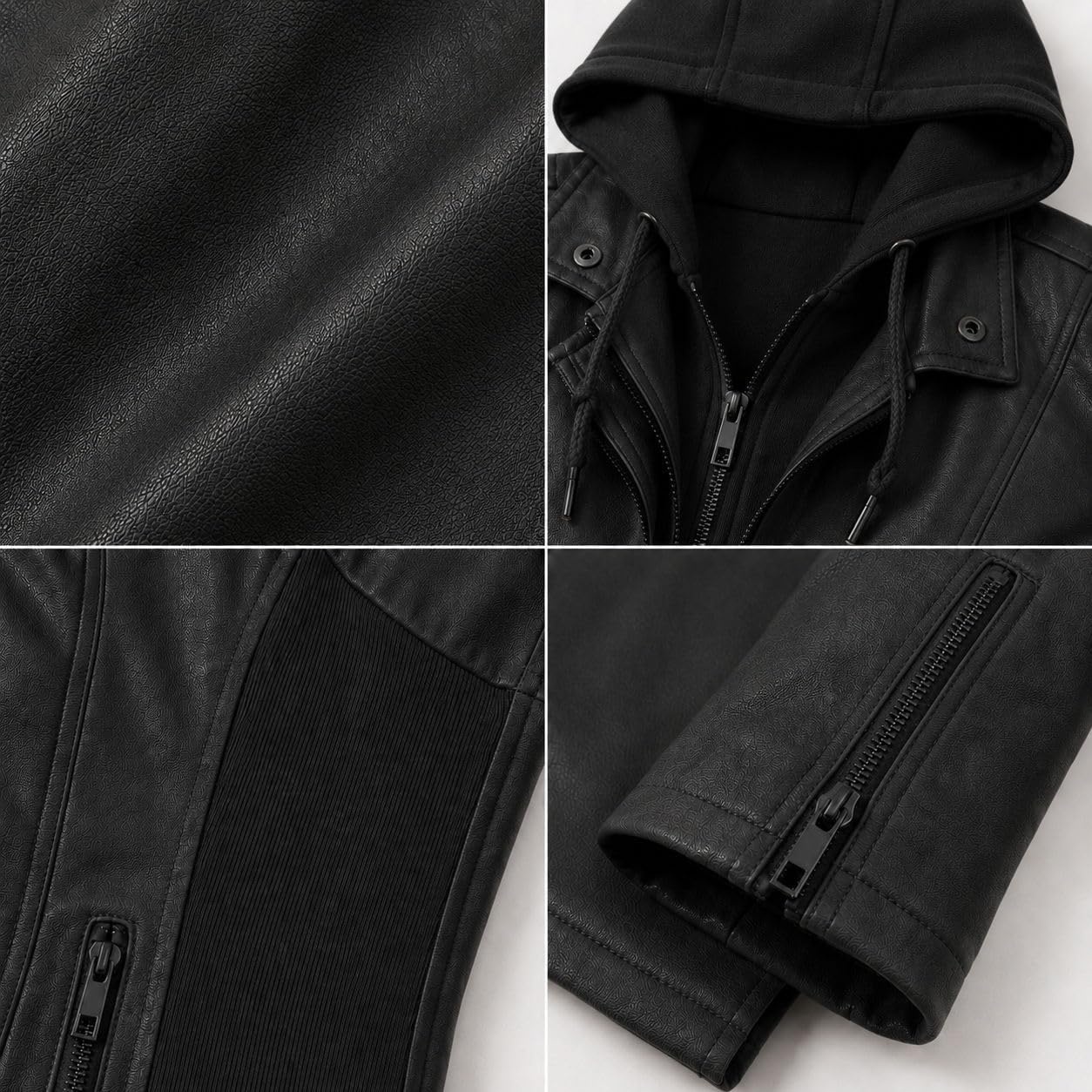 image:imageWomens Cropped Faux Leather Jacket with Removable Hood and Ribbed Side PanelsBlack