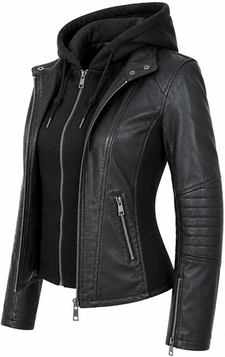 image:imageWomens Cropped Faux Leather Jacket with Removable Hood and Ribbed Side PanelsBlack