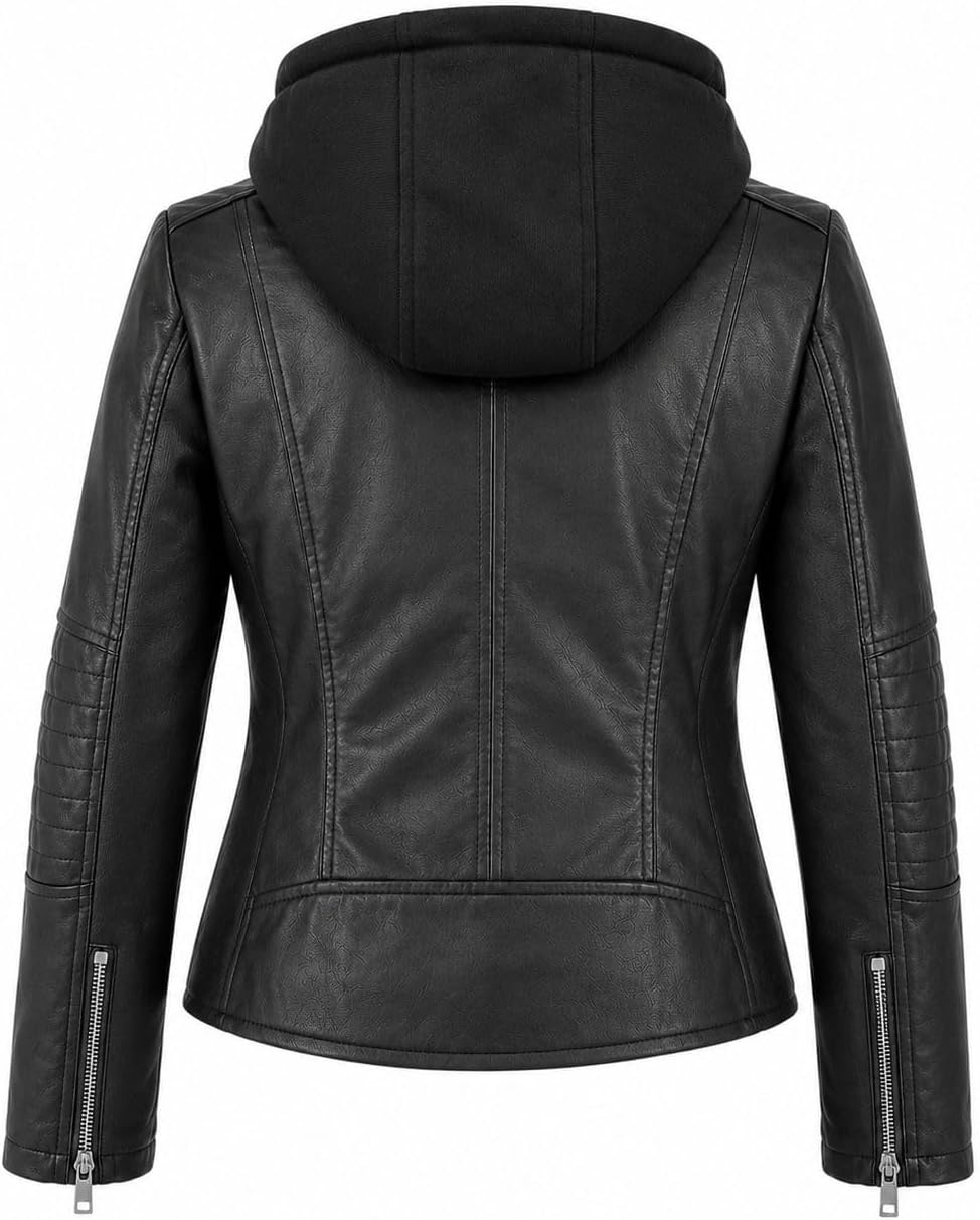 image:imageWomens Cropped Faux Leather Jacket with Removable Hood and Ribbed Side PanelsBlack