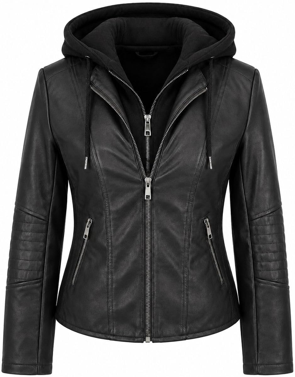 image:imageWomens Cropped Faux Leather Jacket with Removable Hood and Ribbed Side PanelsBlack
