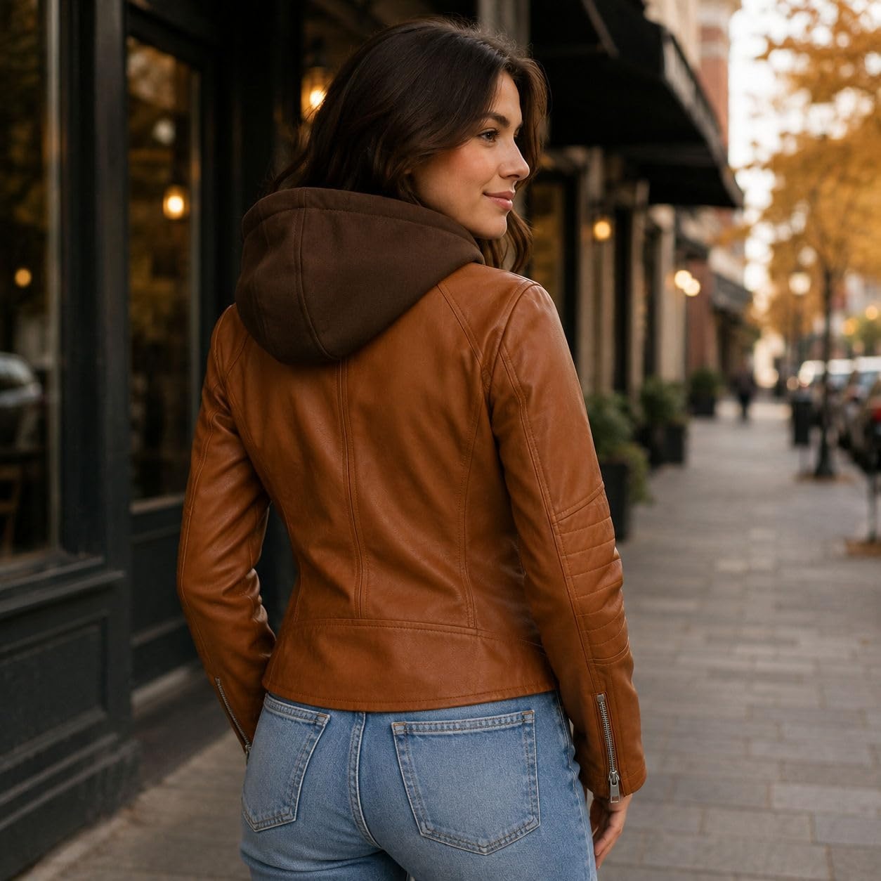 image:imageWomens Cropped Faux Leather Jacket with Removable Hood and Ribbed Side PanelsCamel