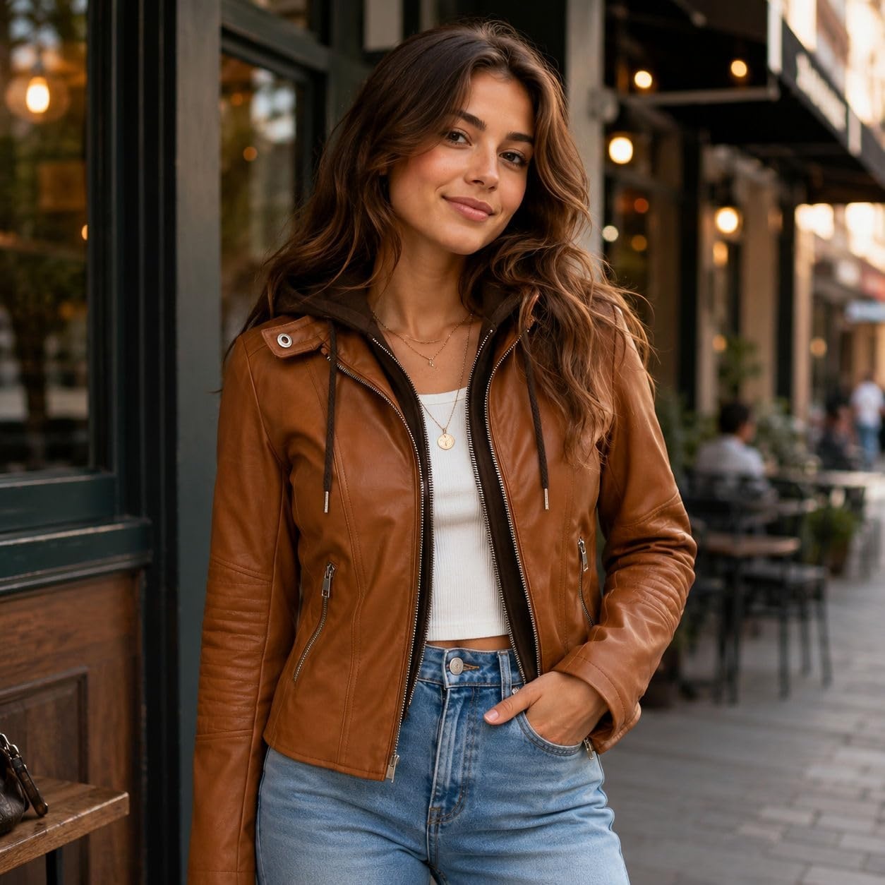 image:imageWomens Cropped Faux Leather Jacket with Removable Hood and Ribbed Side PanelsCamel