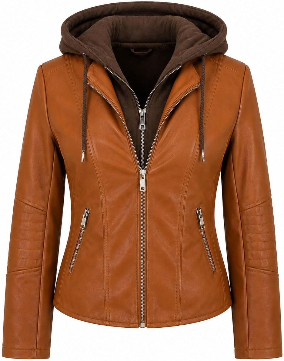 image:imageWomens Cropped Faux Leather Jacket with Removable Hood and Ribbed Side PanelsCamel